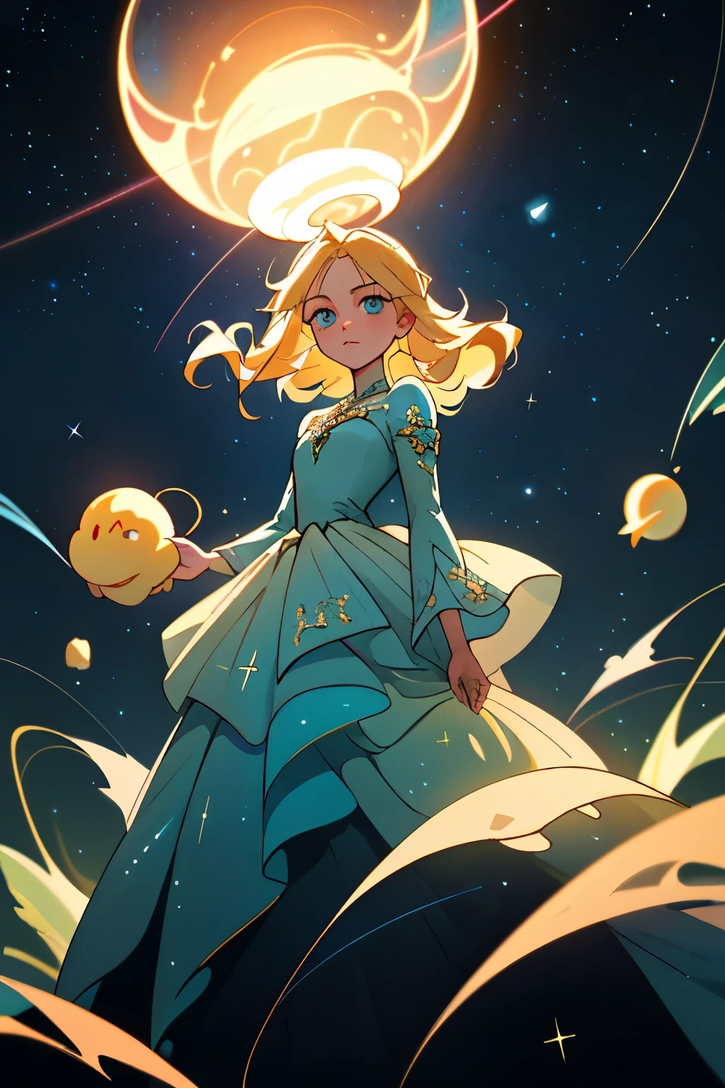 An enchanting anime scene unfolds under a starlit sky, a woman gracefully standing amidst a sea of twinkling stars. Dressed in a radiant, shimmering dress that mimics the night sky, she captivates the eye with her ethereal beauty. Her cascading blonde hair, adorned with delicate, glittering accessories, billows in the wind, creating a mesmerizing halo around her. Her mesmerizing blue eyes, brimming with a mysterious allure, gaze out towards the viewer, lost in the depths of the cosmos. Set against a stunning backdrop of a black, sparkling void, the woman's breathtaking