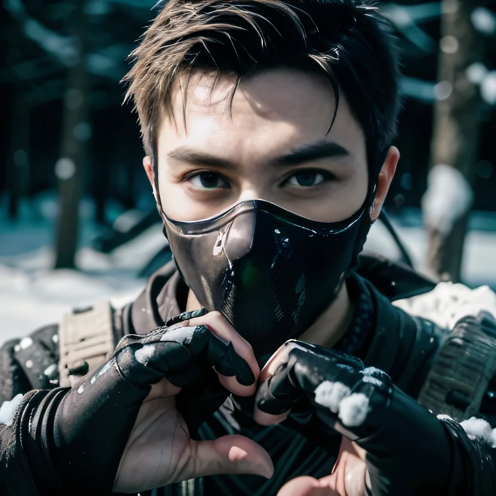 raw photo , 8K, ultra detailed, (realistic:1.2), (1man, ninja, mask:1.6), 30yo,(heart hands:1.4),(snow:1.1)