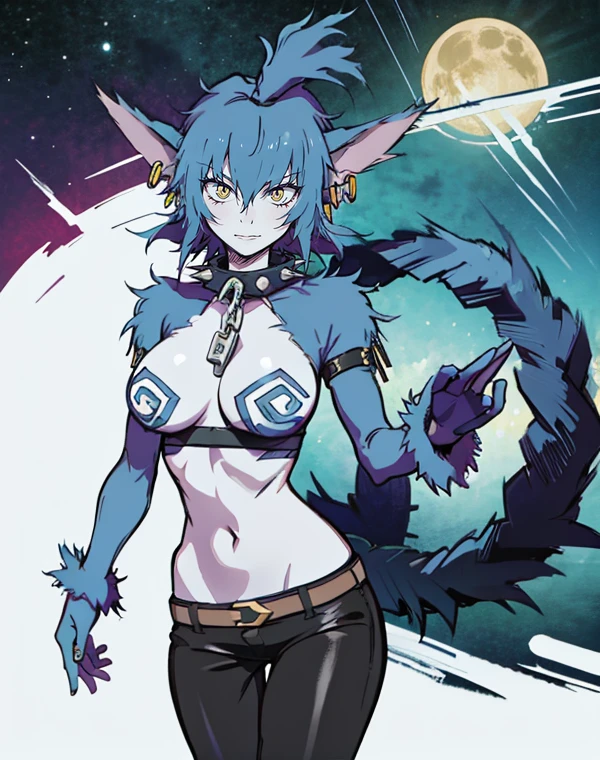 Wolfie, solo, cowboy shot, full body view, blue hair, smiling, black leather pants, spirals, furry gloves, yellow eyes, ears, earrings, spike caller, school