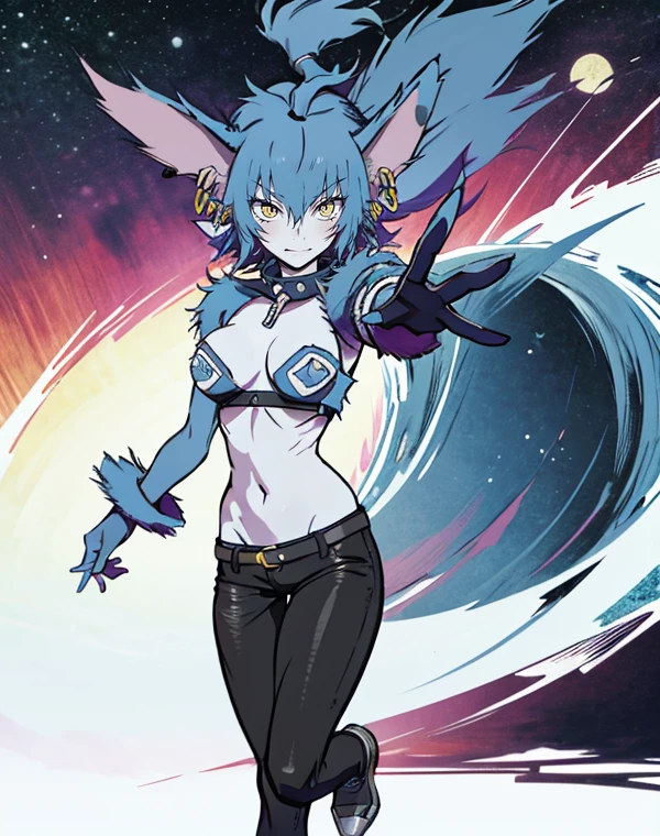 Wolfie, solo, cowboy shot, full body view, blue hair, smiling, black leather pants, spirals, furry gloves, yellow eyes, ears, earrings, spike caller, school