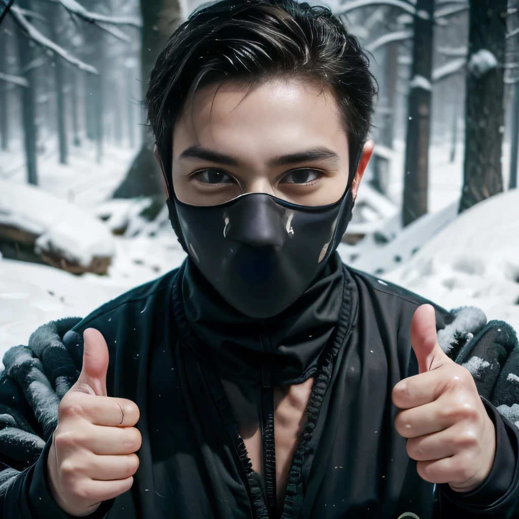 raw photo , 8K, ultra detailed, (realistic:1.2), (1man, ninja, mask:1.6), 30yo,(thumbs up:1.4),(snow:1.1)