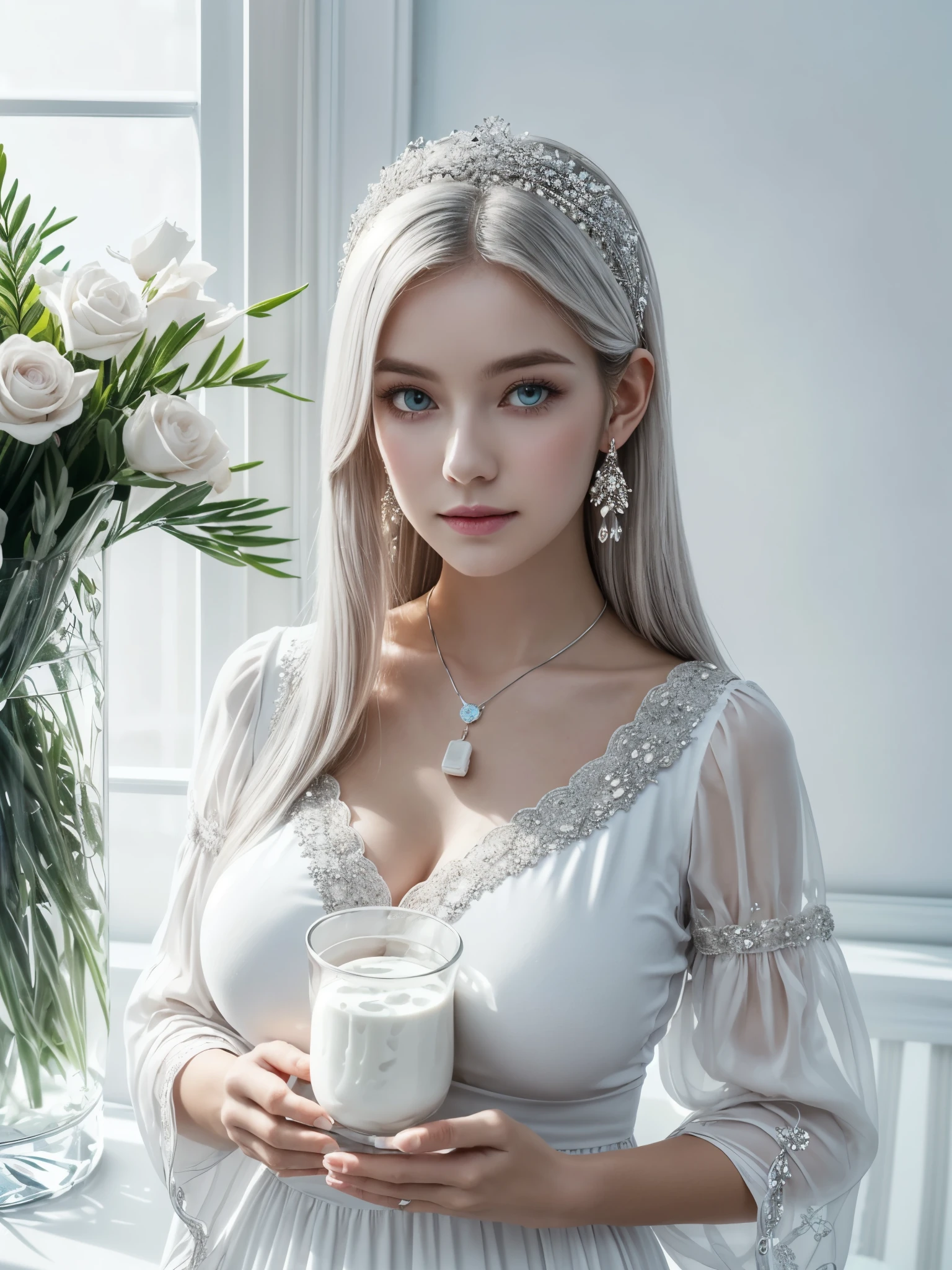 A serene woman with long, flowing white hair, pale glowing skin, striking blue eyes, and a soft pink smile, wearing a semi-transparent white dress with bell sleeves and subtle embroidery, a silver headpiece, and a glowing crystal pendant, surrounded by a faint glow and sparkles, sits in a minimalist white room, (a glass of milk:1.4), gigantic breasts,