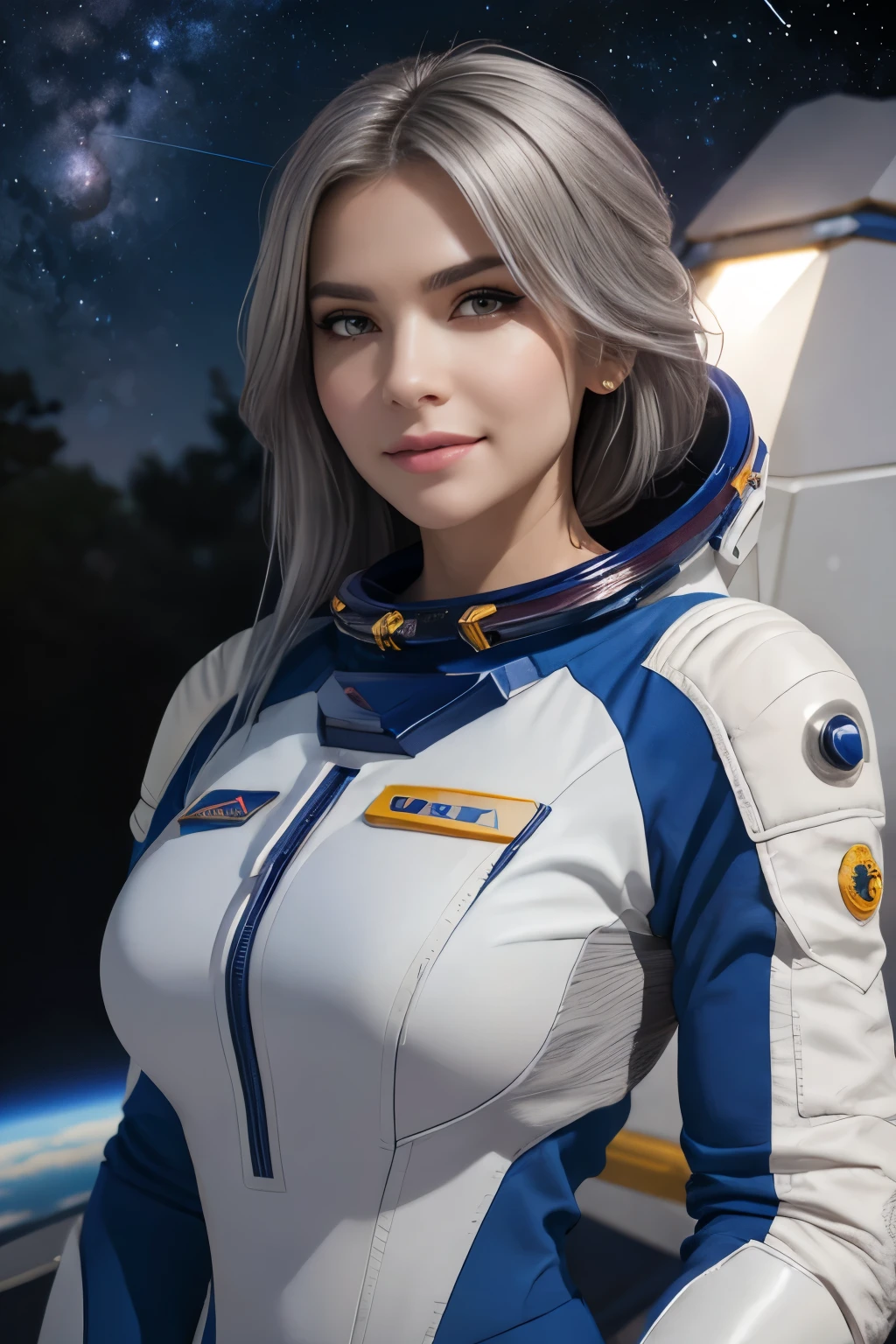 Best Quality, Ultra High Resolution, (Realism: 1.4), Depth of Field, Beautiful Face, (PureErosFace_V1: 0.8), Halfbody, | | 1girl, medium chest, (gray hair: 1.3), innocent smile, natural makeup, | | | Model pose, | | (Spacesuit: 1.3), (Blue Armor: 1.3), Exquisite Design, | | Space Background, Stars_(Sky), Moonlight, Night, | |