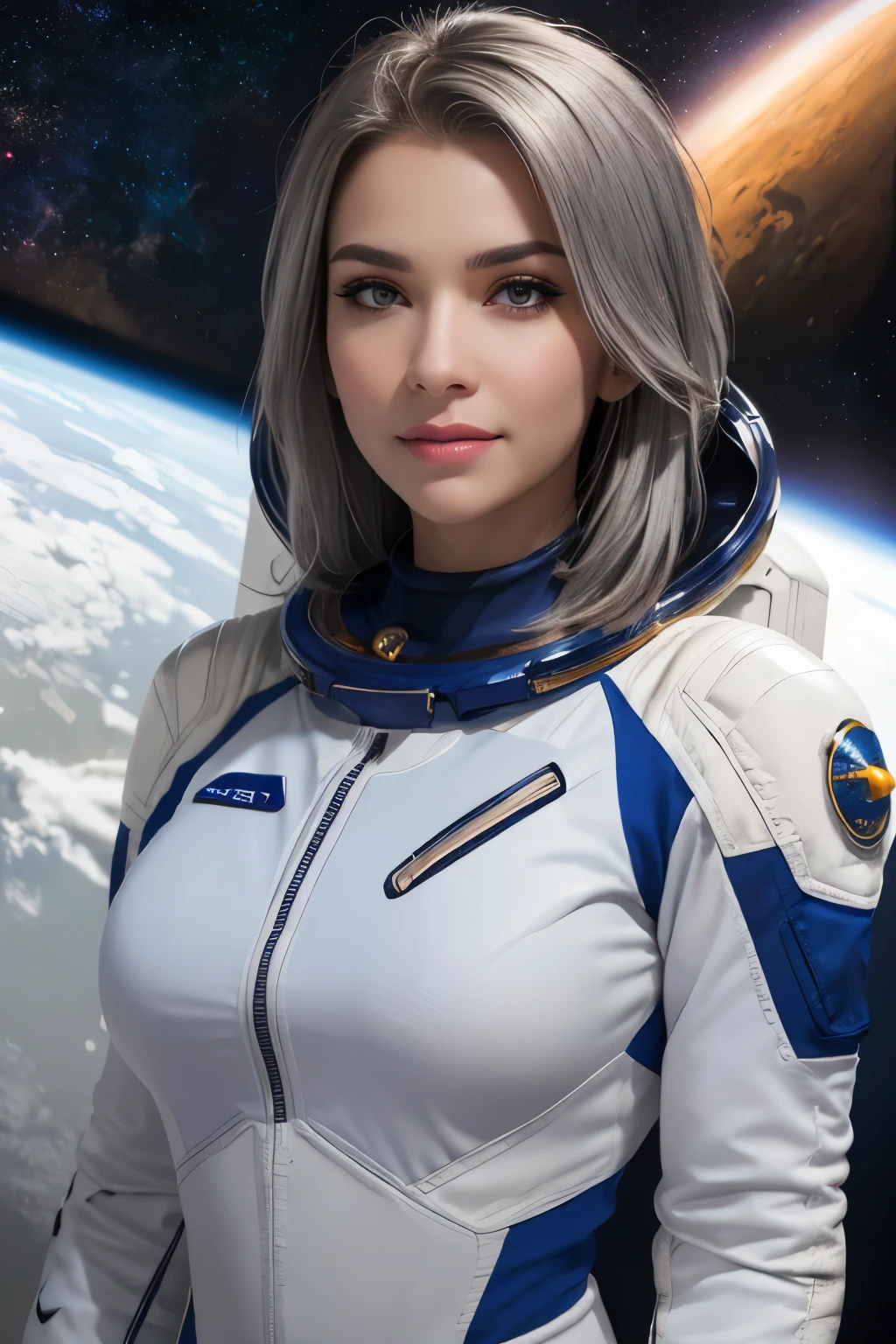 Best Quality, Ultra High Resolution, (Realism: 1.4), Depth of Field, Beautiful Face, (PureErosFace_V1: 0.8), Halfbody, | | 1girl, medium chest, (gray hair: 1.3), innocent smile, natural makeup, | | | Model pose, | | (Spacesuit: 1.3), (Blue Armor: 1.3), Exquisite Design, | | Space Background, Stars_(Sky), Moonlight, Night, | |