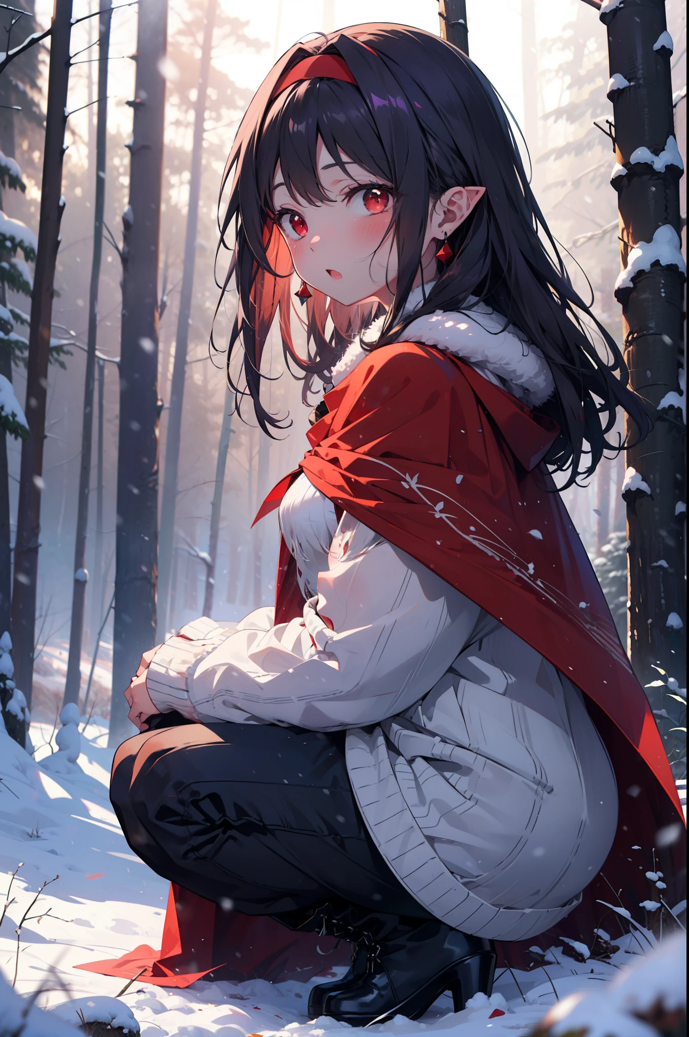 yuukikonno, Yuki Konno, hair band, Long Hair, Pointed Ears, Purple Hair, (Red eyes:1.5), (Small breasts:1.2),blush,White Breath, Open your mouth,snow, Bonfire, Outdoor, boots, snowing, From the side, wood, suitcase, Cape, Blurred, forest, nature, Brown eyes, , Squat, Mouth closed, ,Cape, winter, Written boundary depth, Black shoes, red Cape
break looking at viewer, Upper Body, whole body,
break Outdoor, forest, nature,
break (masterpiece:1.2), highest quality, High resolution, unity 8k wallpaper, (shape:0.8), (Beautiful and beautiful eyes:1.6), Highly detailed face, Perfect lighting, Extremely detailed CG, (Perfect hands, Perfect Anatomy),
