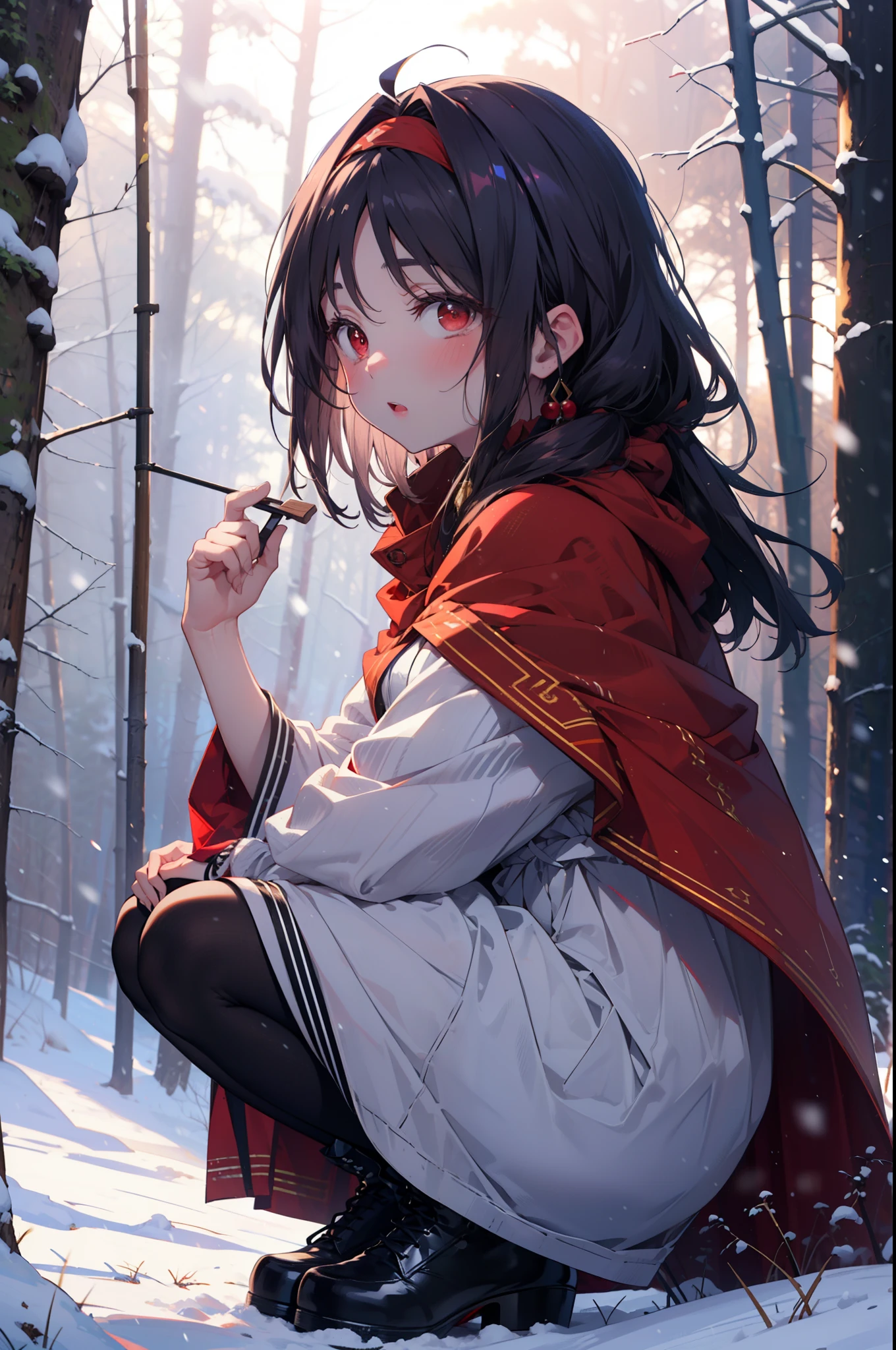 yuukikonno, Yuki Konno, hair band, Long Hair, Pointed Ears, Purple Hair, (Red eyes:1.5), (Small breasts:1.2),blush,White Breath, Open your mouth,snow, Bonfire, Outdoor, boots, snowing, From the side, wood, suitcase, Cape, Blurred, forest,  nature, Brown eyes, , Squat, Mouth closed, ,Cape, winter, Written boundary depth, Black shoes, red Cape
break looking at viewer, Upper Body, whole body,
break Outdoor, forest, nature,
break (masterpiece:1.2), highest quality, High resolution, unity 8k wallpaper, (shape:0.8), (Beautiful and beautiful eyes:1.6), Highly detailed face, Perfect lighting, Extremely detailed CG, (Perfect hands, Perfect Anatomy),