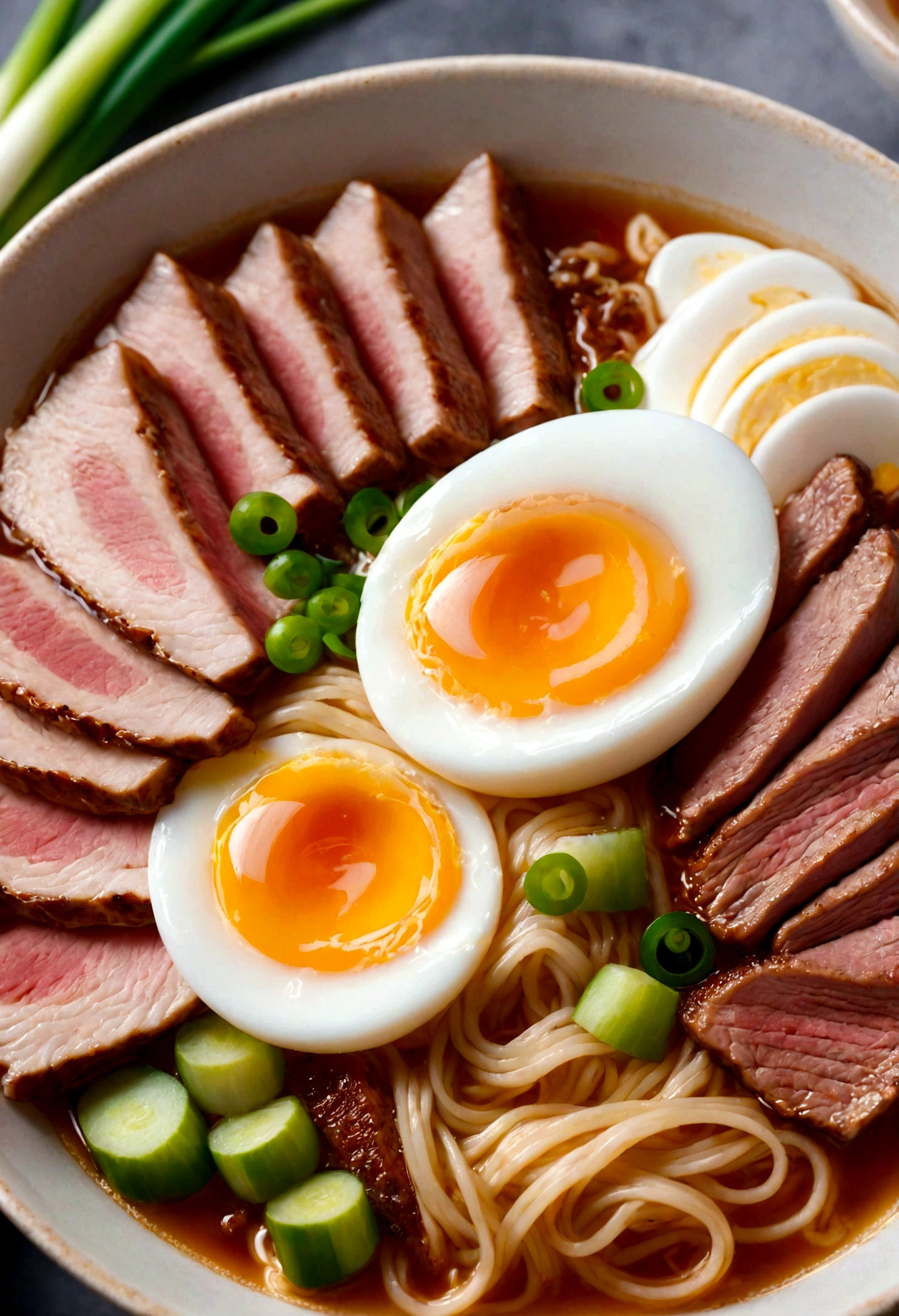 extreme close-up, a bowl of Japanese ramen noodles with several slices of meat, a boiled egg cut in half, and green onions