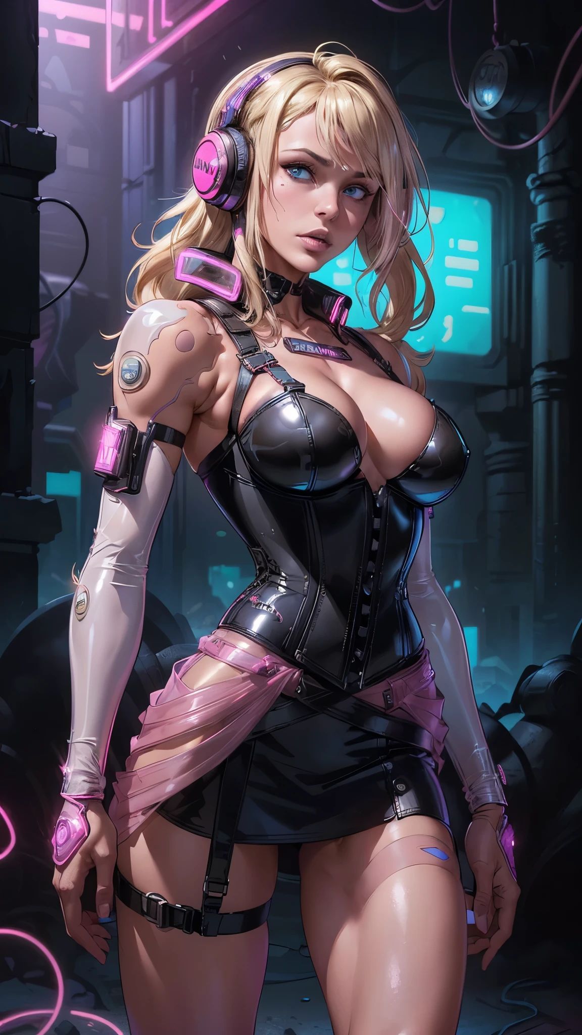 (La mejor calidad,A high resolution,Ultra - detallado,actual),Liv Morgan in a black outfit posing for a picture,(Bluetooth headphones :1.4), (in a leather corset transparent pink :1.4) ,Luchadora profesional WWE,(mini skirt pink plastic transparent :1.4) , cabello rubio, (wrapped in leather straps plastic transparent :1.4) , cables on her body, black canary, cosplay on black harley queen, (wearing white latex outfit plastic transparent :1.4) , wearing techwear and armor, latex , (black leather harness:1.4) , wearing a full leather outfit,,(Fondo de ruinas de mazmorra en ruinas:1.4 ), (Liv Morgan:1.4), (Liv MORGAN v2.1), (perfect  :1.4), (cinematic lighting :1.4), score_9, score_8_up, score_7_up, score_6_up, rating_, 1girl, ((18YO:1.2)), Adult, full lips, big clear eyes, blue eyes, ((blond hair:1)), (long wavy hair: 1.2),(face detailed :1.4), ,(Neon cyberpunk ruined dungeon ruins background :1.4 ), (cyberpunk neon V2.1) 