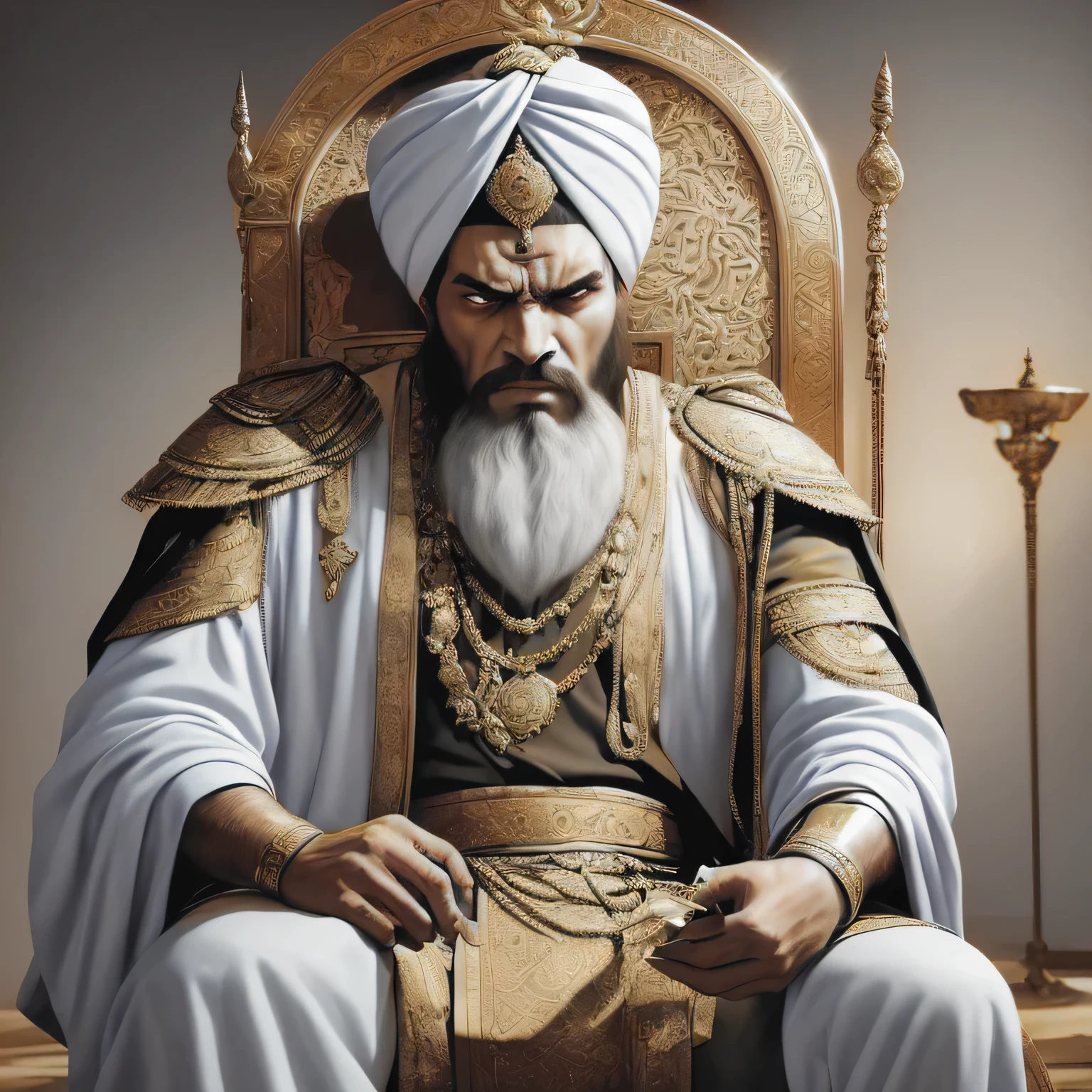 painting style, a Persian king with black color beard sitting on his throne wearing a turban and looking angry and cursing his teeth out of anger and looking frustrated. he is holding a letter his hand and tearing it away
