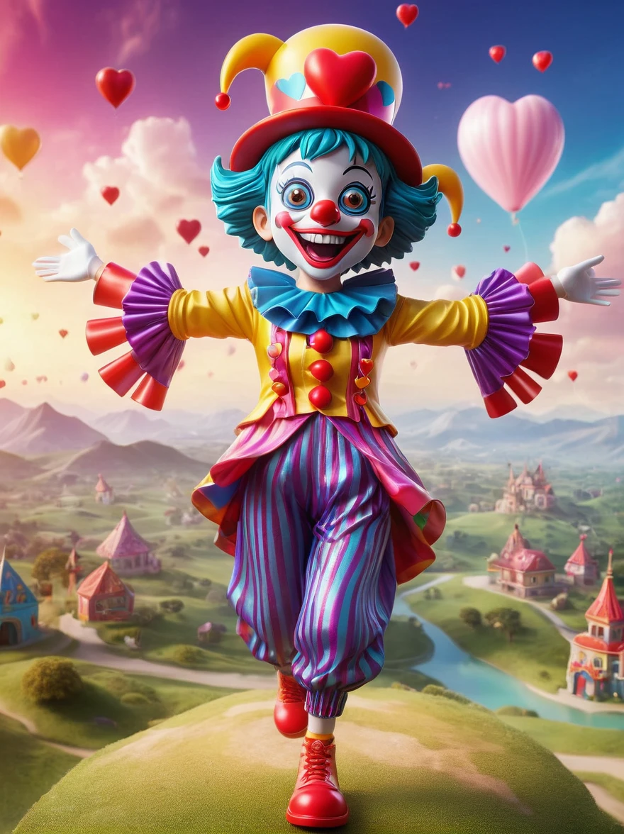 1girl,solo,clown,Grinning,big eyes,sparkling,fit,Wearing chaotic and brightly colored clothing,Wearing a fancy hat with a heart symbol,Baggy pants,Vivid expression of excitement,Open your arms,(The background is a hovering otherworldly landscape),full-body shot,Cartoon Style,Created with C4D and Blender,precise,Blind box toy style,Super Detail,Anatomically correct,masterpiece