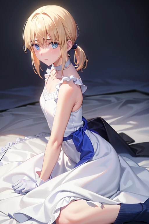 highest quality, Tabletop,Things to know, Not enough, One Girl, gloves, Elbow Groove, choker, (((White mini dress:1.3)))、Thighs, Official Alternative Costumes, chest, clavicle, ponytail, 白いgloves, chestの谷間, Exposing shoulders, short hair, Parody, 青いchoker, Hair 弓, Blue Ribbon,((( Skirt lifted、Cute Panties)))、Backwards、look back