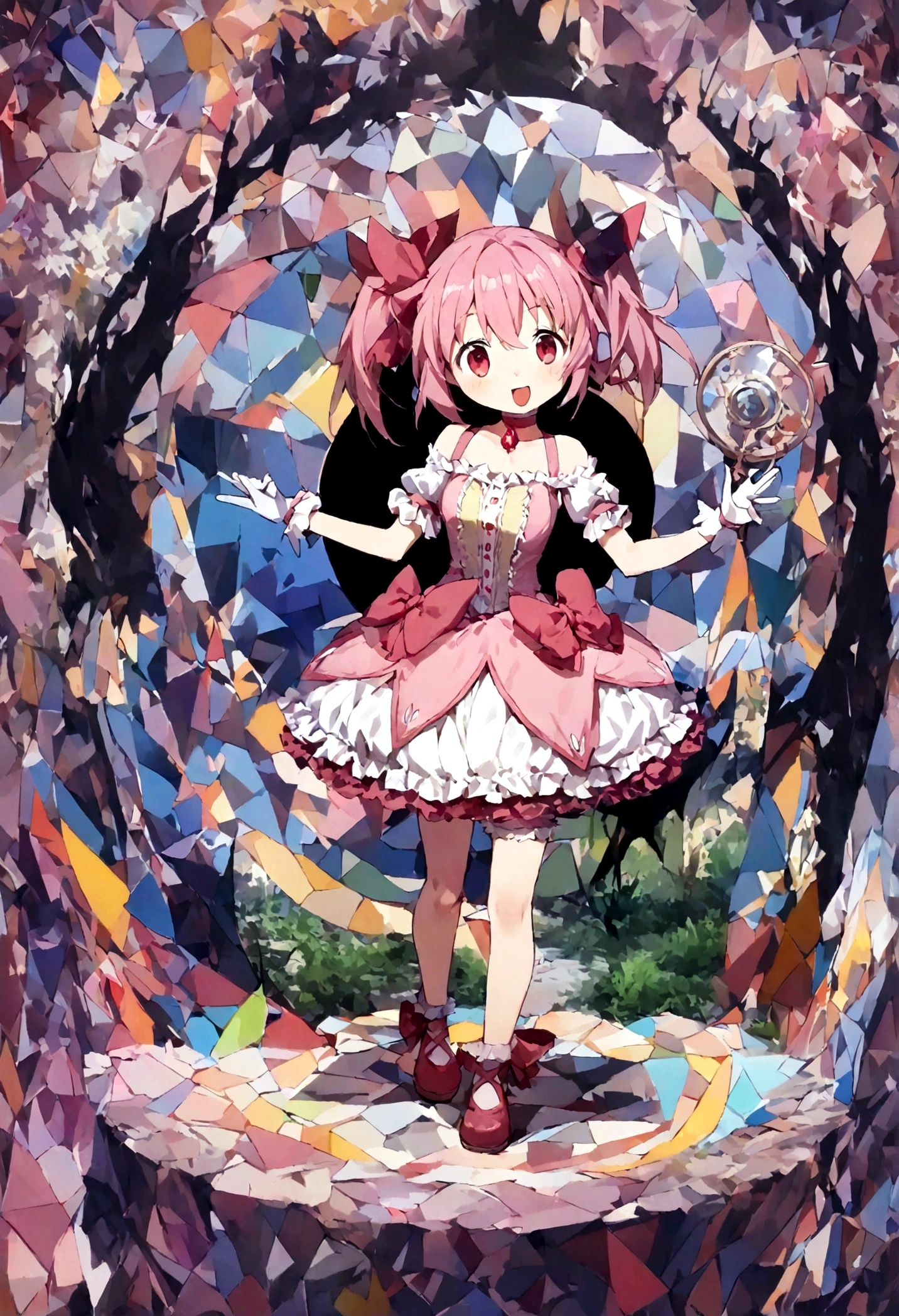 kaname_madoka\(Puella Magi Madoka Magica,(magical_girl costume:1.3),(chibi:0.5),pink short twin tails,bows,open shoulder dress with frill,backward ribbon at neck,white grove,red jewel at middle of clavicle\) is standing with confused face lost her way, showing full body to viewer, BREAK ,colorful and geometric and chaotic background of messy chaotic gothic shadow puppet castles,(in a very psychedelic nightmare), BREAK ,quality\(8k,wallpaper of extremely detailed CG unit, ​masterpiece,hight resolution,top-quality,top-quality real texture skin,hyper realisitic,increase the resolution,RAW photos,best qualtiy,highly detailed,the wallpaper,cinematic lighting,ray trace,golden ratio\),(long shot),wide shot,landscape,blured background,(art by Maurits Escher:1.3)