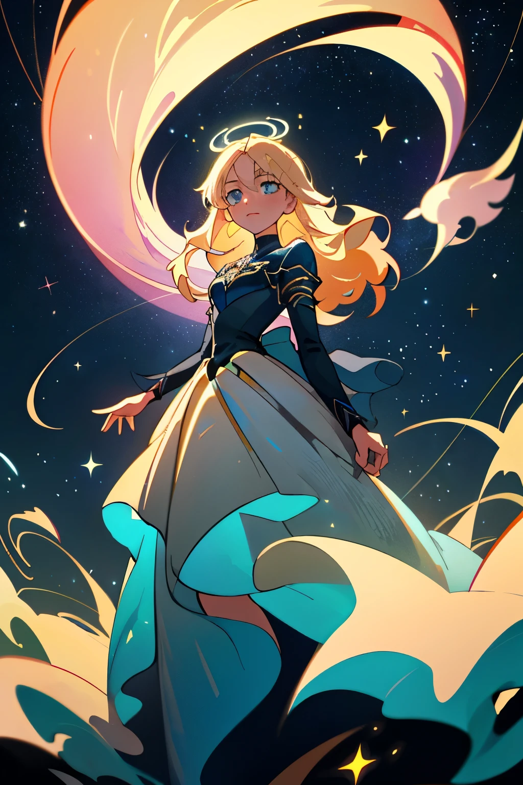 An enchanting anime scene unfolds under a starlit sky, a woman gracefully standing amidst a sea of twinkling stars. Dressed in a radiant, shimmering dress that mimics the night sky, she captivates the eye with her ethereal beauty. Her cascading blonde hair, adorned with delicate, glittering accessories, billows in the wind, creating a mesmerizing halo around her. Her mesmerizing blue eyes, brimming with a mysterious allure, gaze out towards the viewer, lost in the depths of the cosmos. Set against a stunning backdrop of a black, sparkling void, the woman's breathtaking