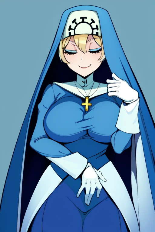 Double, short blonde hair, medium breasts, solo, smiling, cowboy shot, closed eyes,
blue habit, cross necklace ,white gloves, long sleeves, nun, long skirts, cloak
(insanely detailed, beautiful detailed face,beautiful detailed eyes, masterpiece, best quality) bed