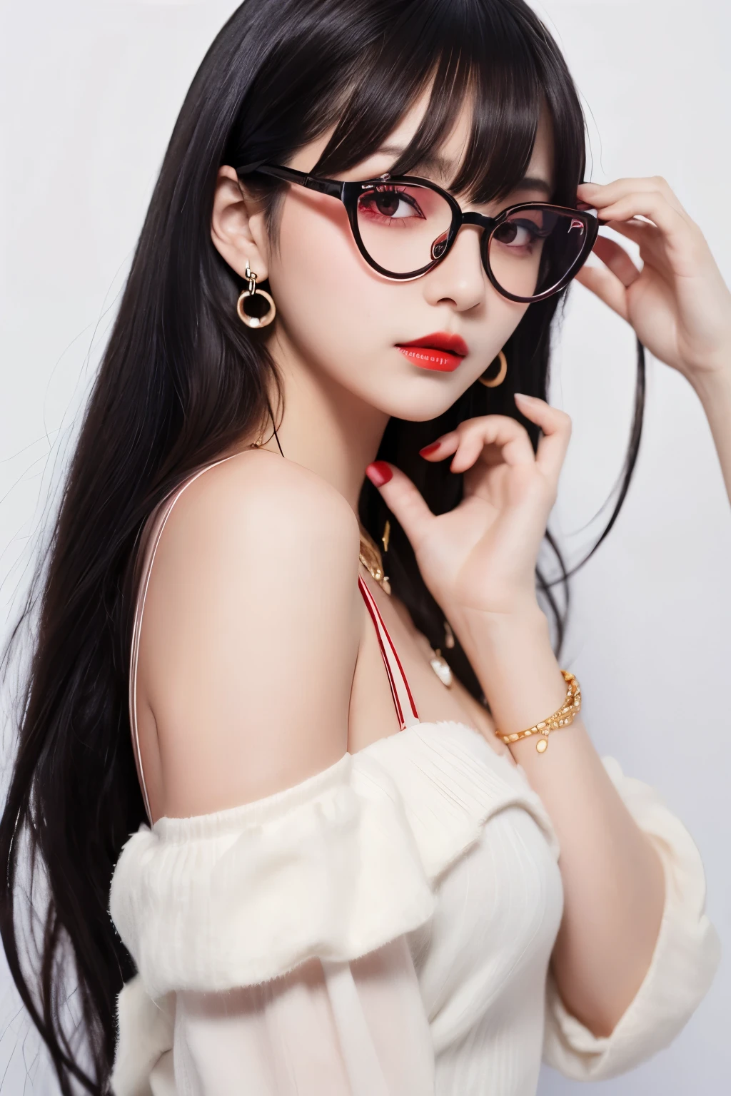 an anime character with red glasses and her hair pulled back and down, 1girl, jewelry, solo, sunglasses, earrings, long hair, black hair, red eyes, ring, looking at viewer, looking over eyewear, heart, red lips, white background, bangs, simple background,Highest quality,highest quality