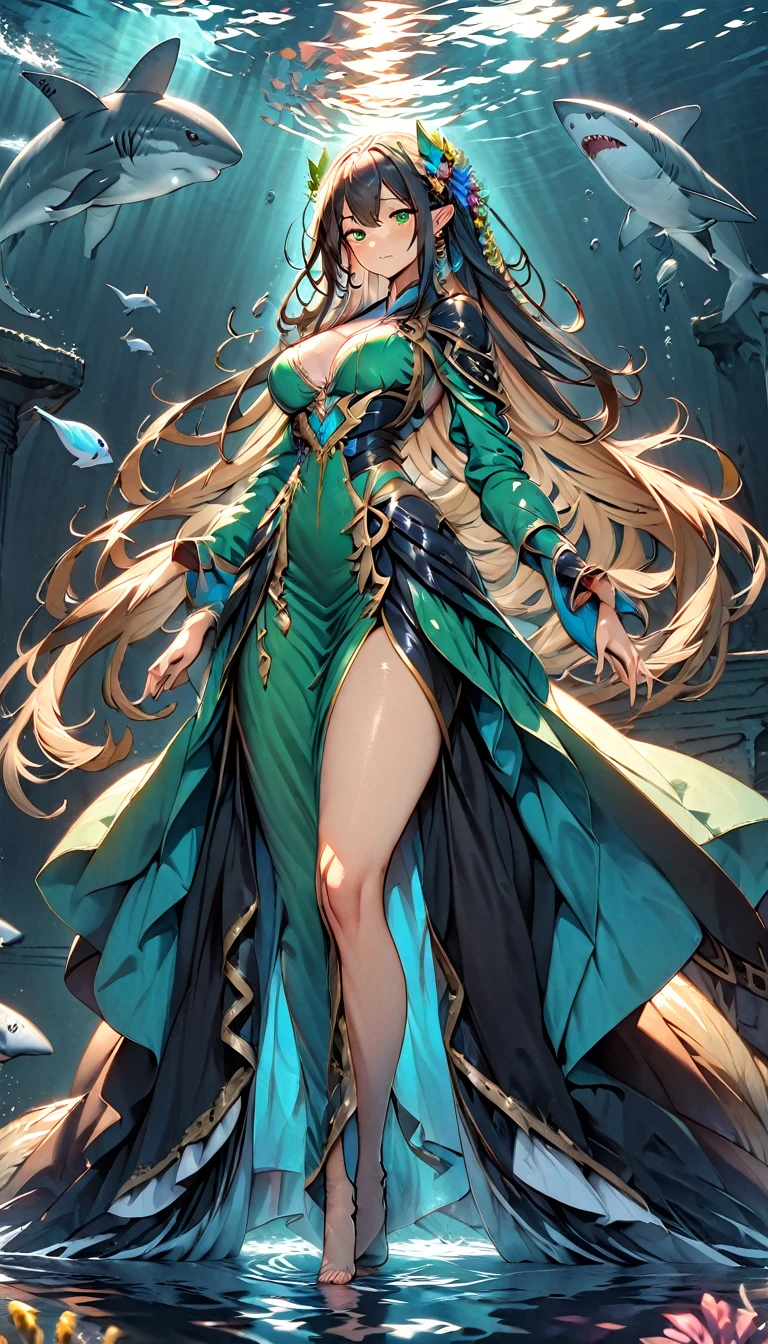 best quality,4k,8k, highres, masterpiece:1.2), ultra-detailed, extremely detailed eyes, extremely detailed body, the average Levianthar woman is a striking and formidable figure, standing tall at around 6 to 7 feet with a lean, muscular build that showcases her strength and agility. Her skin is smooth and slightly iridescent, with a bluish or grayish tint that shimmers under light, reflecting her aquatic heritage. She possesses long, flowing hair that ranges in color from deep seaweed green to midnight blue, often adorned with small, bioluminescent beads or shells. Her large, expressive eyes are adapted for both underwater and terrestrial vision, featuring hues of deep blue or emerald, green, and often possessing a subtle, ethereal glow. High cheekbones and slightly elongated ears add to her otherworldly beauty, while gill-like structures along her neck hint at her ability to thrive in the ocean depths. Her fingers and toes are slightly webbed, enhancing her swimming abilities, and a thick, powerful tail reminiscent of a shark's extends from her lower back, aiding in swift underwater movement. Her overall appearance exudes an aura of strength, grace, and mystery, embodying the unique blend of aquatic and humanoid features that define the Levianthar race, dynamic lighting, cinematic lighting, dramatic atmosphere,