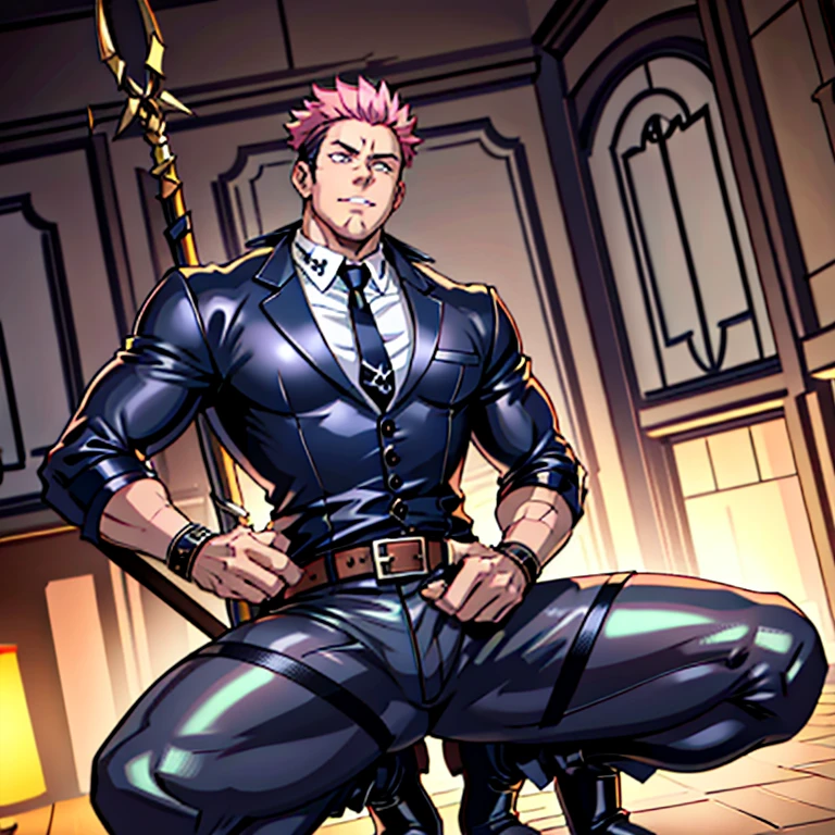 1boy, sukuna, male focus, muscular male, nsfw, 3D, realistic, indoor, normal hue, central, golden ratio, sitting on the leather couch, sharp-featured body, tall, burly, highres, slender build, perfect anatomy, skin texture, see-through bangs, shallow eyebrow, symmetrical eyebrow, large bright eyes, symmetrical eyes, double-edged polearm, broad shoulders, noble attire, abdominals stretch, tight-fitting, leather collar, stand-up collared shirt, striped leather necktie, leather waistcoat, open thickened glossy dark leather jacket, bulging muscles, leather gloves, black leather trousers, leather belt, spreading long thin legs, large erect penis over 10 inches length and 3 inches width, erection, large scrotum with testicles, masturbation, high-heeled leather boots, soft smile, handsome, powerful, from front, looking ahead at viewer, day, tattoo_On_his_face, male, full bodyesbian, A pink-haired, cow boy shot, 8K, super detailing, hands in a pocket, tight leather suit, masterpiece, best quality, hyper-detailed, intricate detail, professional photography, matte, bright, the most beautiful ever seen, post processing, dramatic lighting, ambient lighting, epic composition, ultrawide shot, uplight, raytracing reflections, depth of field, gorgeous background