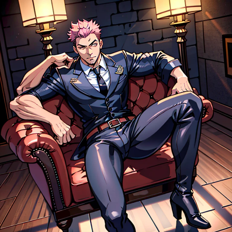 1boy, sukuna, male focus, muscular male, nsfw, 3D, realistic, indoor, normal hue, central, golden ratio, sitting on the leather couch, sharp-featured body, tall, burly, highres, slender build, perfect anatomy, skin texture, see-through bangs, shallow eyebrow, symmetrical eyebrow, large bright eyes, symmetrical eyes, double-edged polearm, broad shoulders, noble attire, abdominals stretch, tight-fitting, leather collar, stand-up collared shirt, striped leather necktie, leather waistcoat, open thickened glossy dark leather jacket, bulging muscles, leather gloves, black leather trousers, leather belt, spreading long thin legs, large erect penis over 10 inches length and 3 inches width, erection, large scrotum with testicles, masturbation, high-heeled leather boots, soft smile, handsome, powerful, from front, looking ahead at viewer, day, tattoo_On_his_face, male, full bodyesbian, A pink-haired, cow boy shot, 8K, super detailing, hands in a pocket, tight leather suit, masterpiece, best quality, hyper-detailed, intricate detail, professional photography, matte, bright, the most beautiful ever seen, post processing, dramatic lighting, ambient lighting, epic composition, ultrawide shot, uplight, raytracing reflections, depth of field, gorgeous background