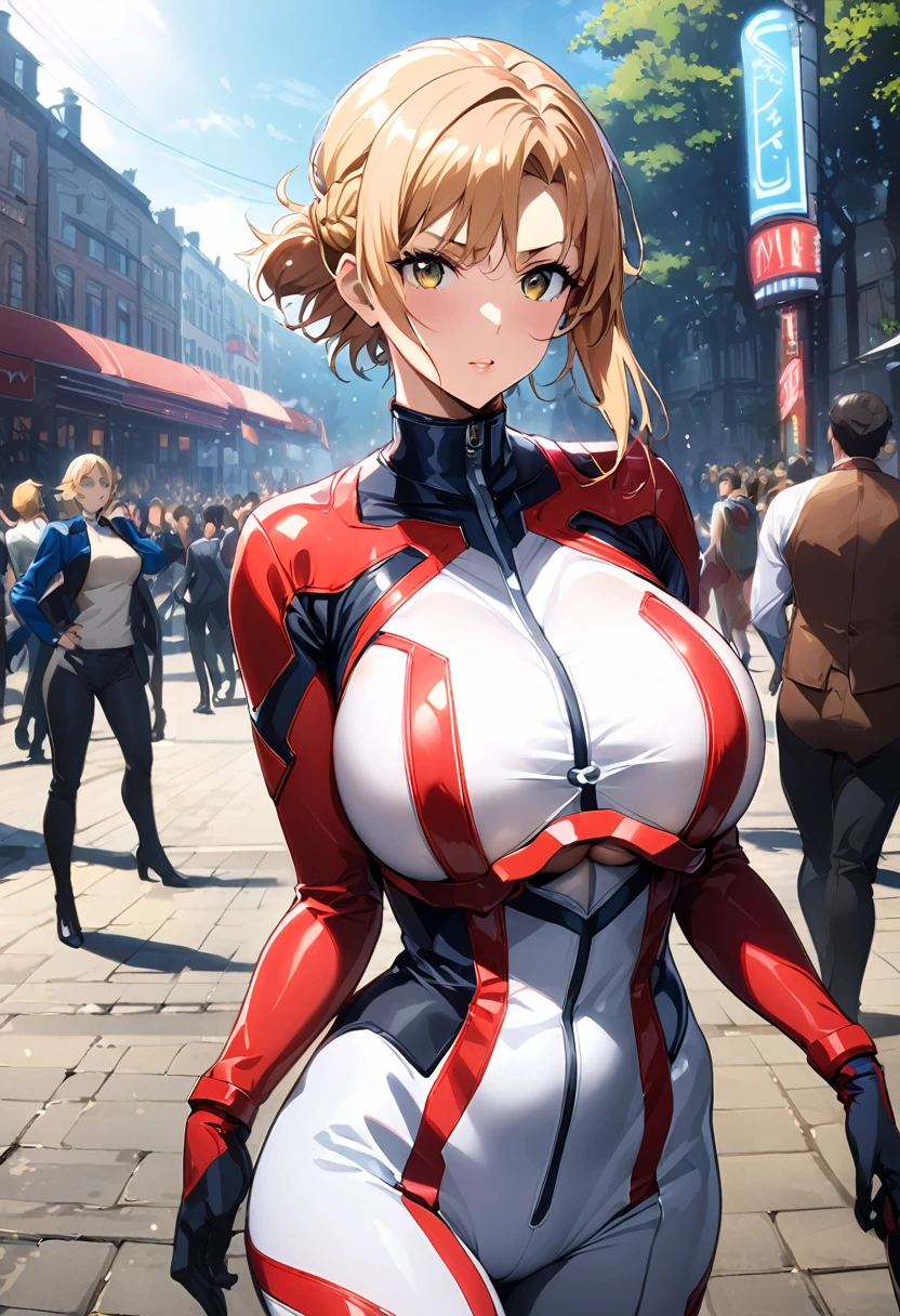 highest quality, 1peopleの女の子, (skeindentation), (Huge breasts:1.2), (blur bacけground:0.6), (street:1.2), (people々, crowd:1), garden, Day, Outdoor,Underboob、 (ailor suit、stylish, Elegant fabric, :1.5), nice, (bangs, short hair:1.5), (Floating Hair:1.2), (Dynamic pose:1.2), Soft lighting, Wind, (Front light:1.5),  makeeup, 