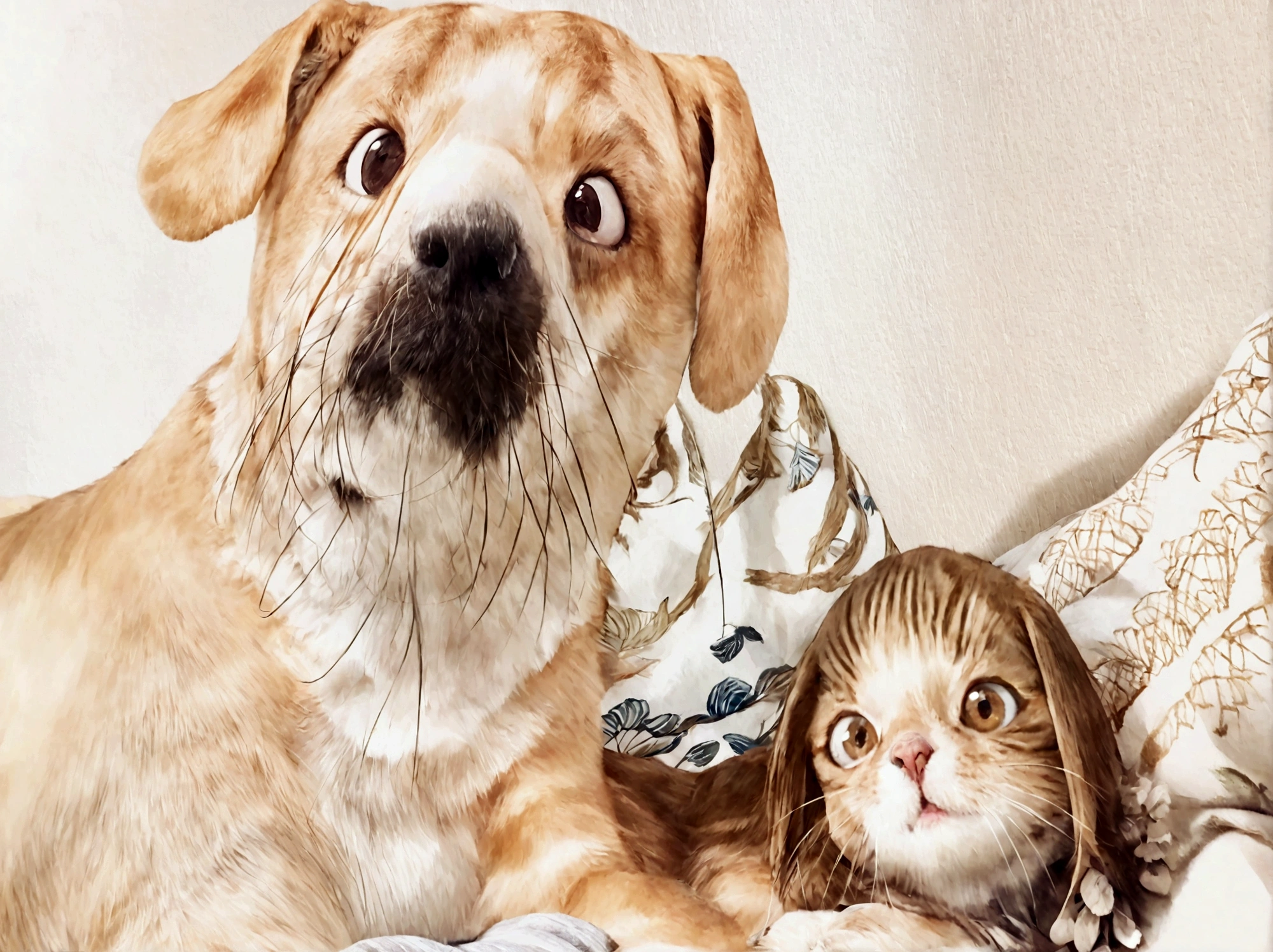 "A realistic painting of a dog and a cat in the exact same positions as in the provided photo. The dog is on the left, facing forward with a slightly tilted head, light brown fur, and a happy expression. The cat is on the right, laying down, with dark tabby fur and large eyes, also facing forward. The background should be a plain wall, just like in the photo. The overall composition and details should closely match the original photo."