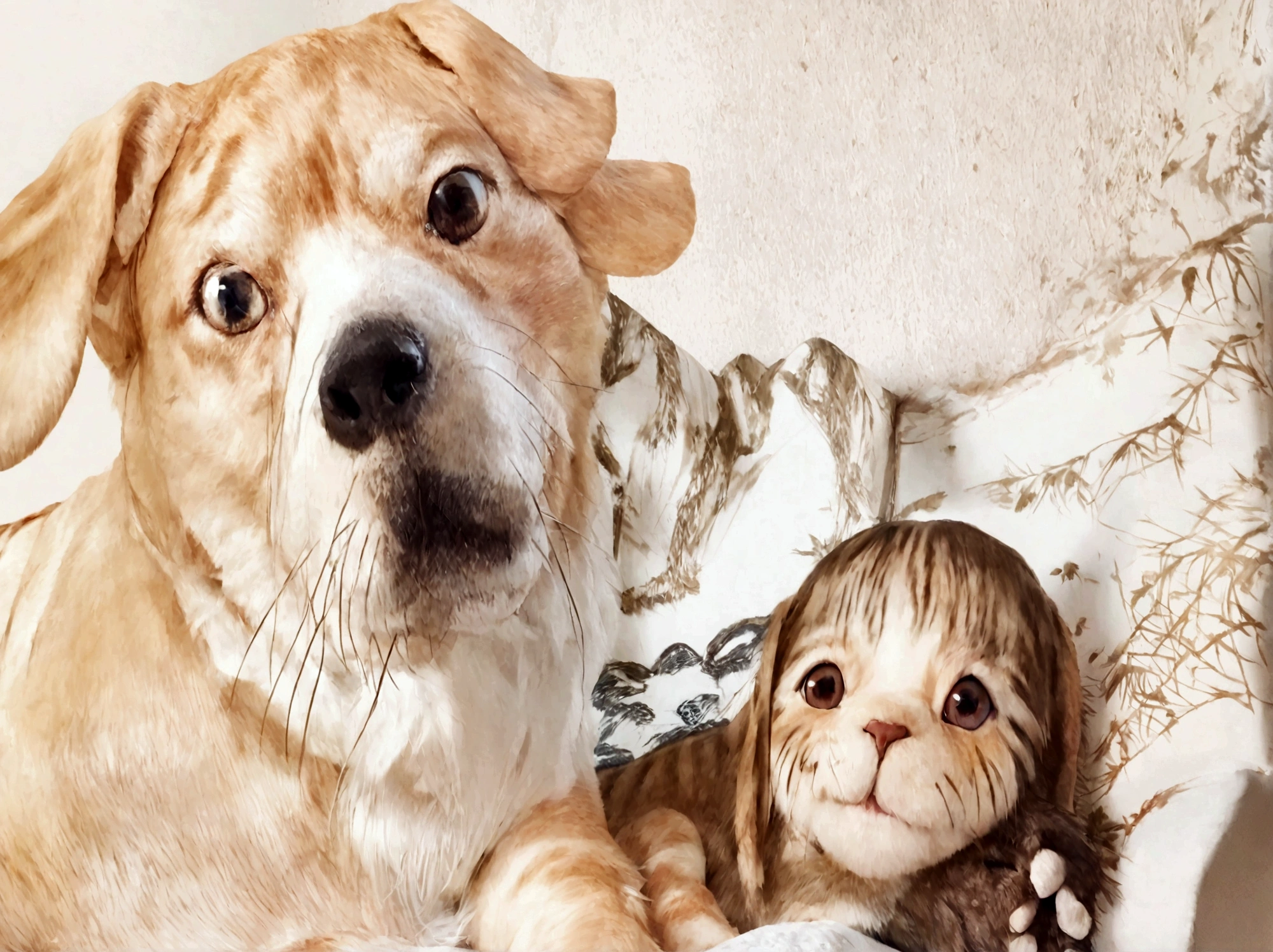 "A realistic painting of a dog and a cat in the exact same positions as in the provided photo. The dog is on the left, facing forward with a slightly tilted head, light brown fur, and a happy expression. The cat is on the right, laying down, with dark tabby fur and large eyes, also facing forward. The background should be a plain wall, just like in the photo. The overall composition and details should closely match the original photo."