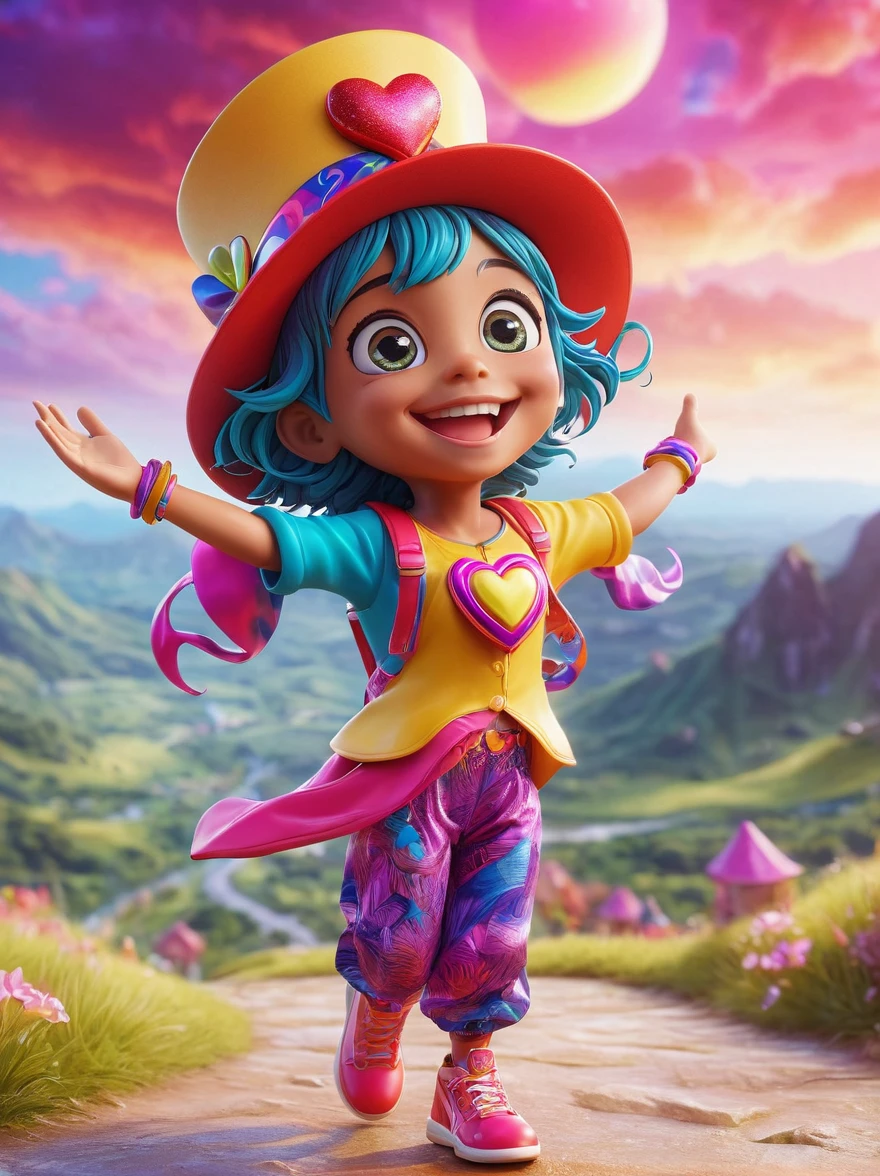 1girl，solo，Grinning，big eyes，sparkling，fit，Wearing chaotic and brightly colored clothing，Wearing a fancy hat with a heart symbol，Baggy pants，Vivid expression of excitement，Open your arms，(The background is a hovering otherworldly landscape)，full-body shot，Cartoon Style，Created with C4D and Blender，precise，Blind box toy style，Super Detail，Anatomically correct，masterpiece