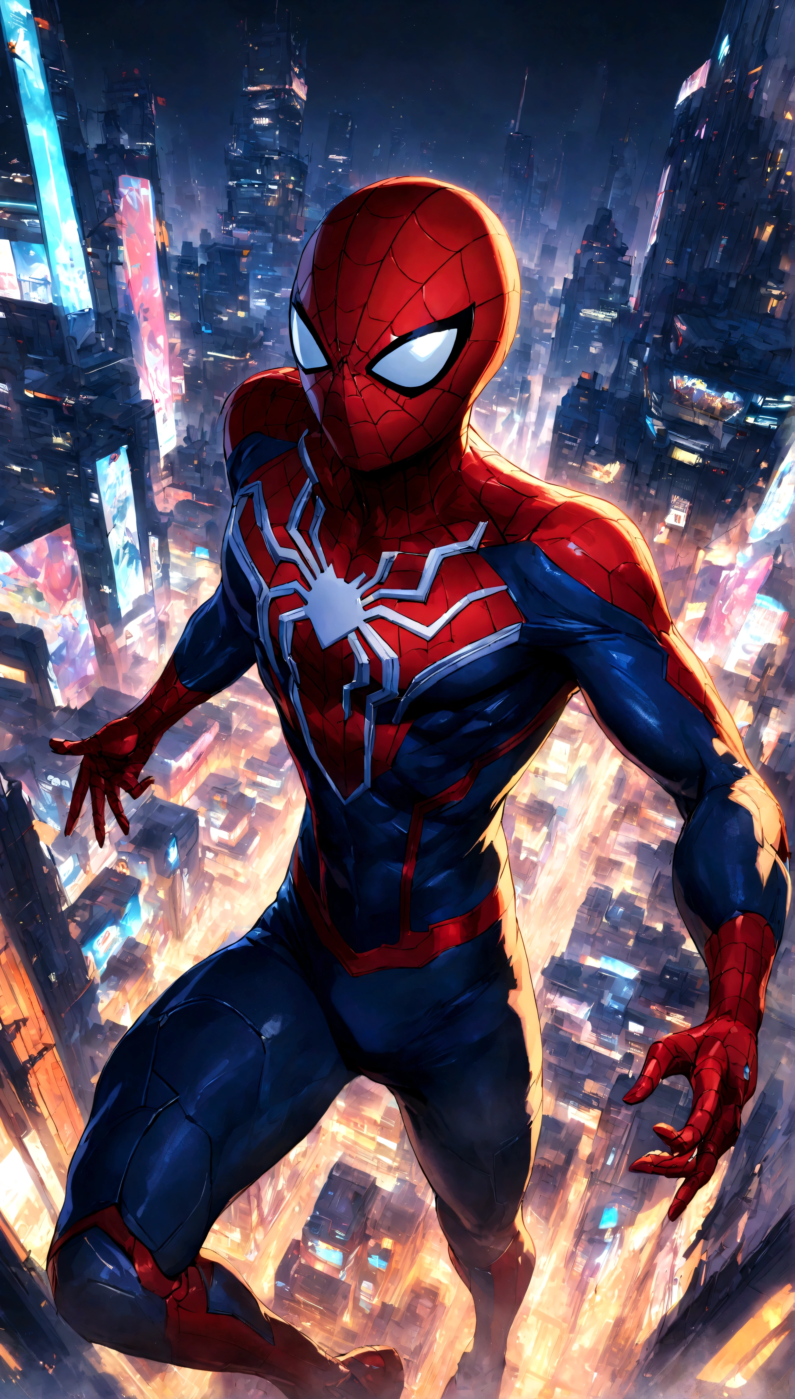 A Spider-Man in Cybernetic City, ultra detail, high resolution, anime, companies