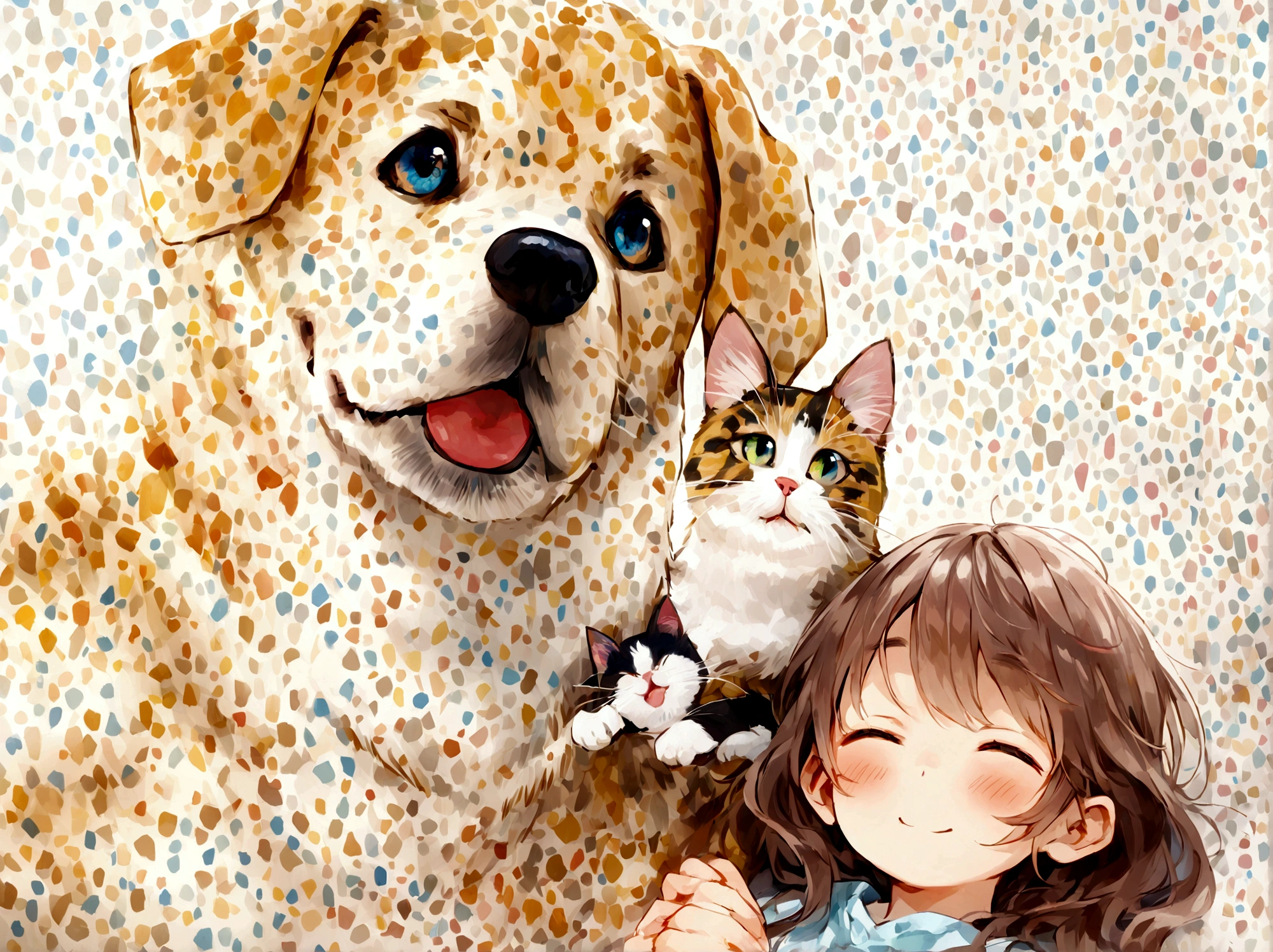 「Same composition as the photo provided、dogとCatのリアルな絵を描いてください。(dog:1.5)is on the left、Head tilted slightly facing forward。The hair color is light brown、The expression looks happy。(Cat:1.5)is lying on the right side、It has dark tabby fur and large eyes.、Also facing forward。The background should be a simple wall, just like the photo.。Please reproduce the overall composition and details as faithfully as possible to the photograph。」