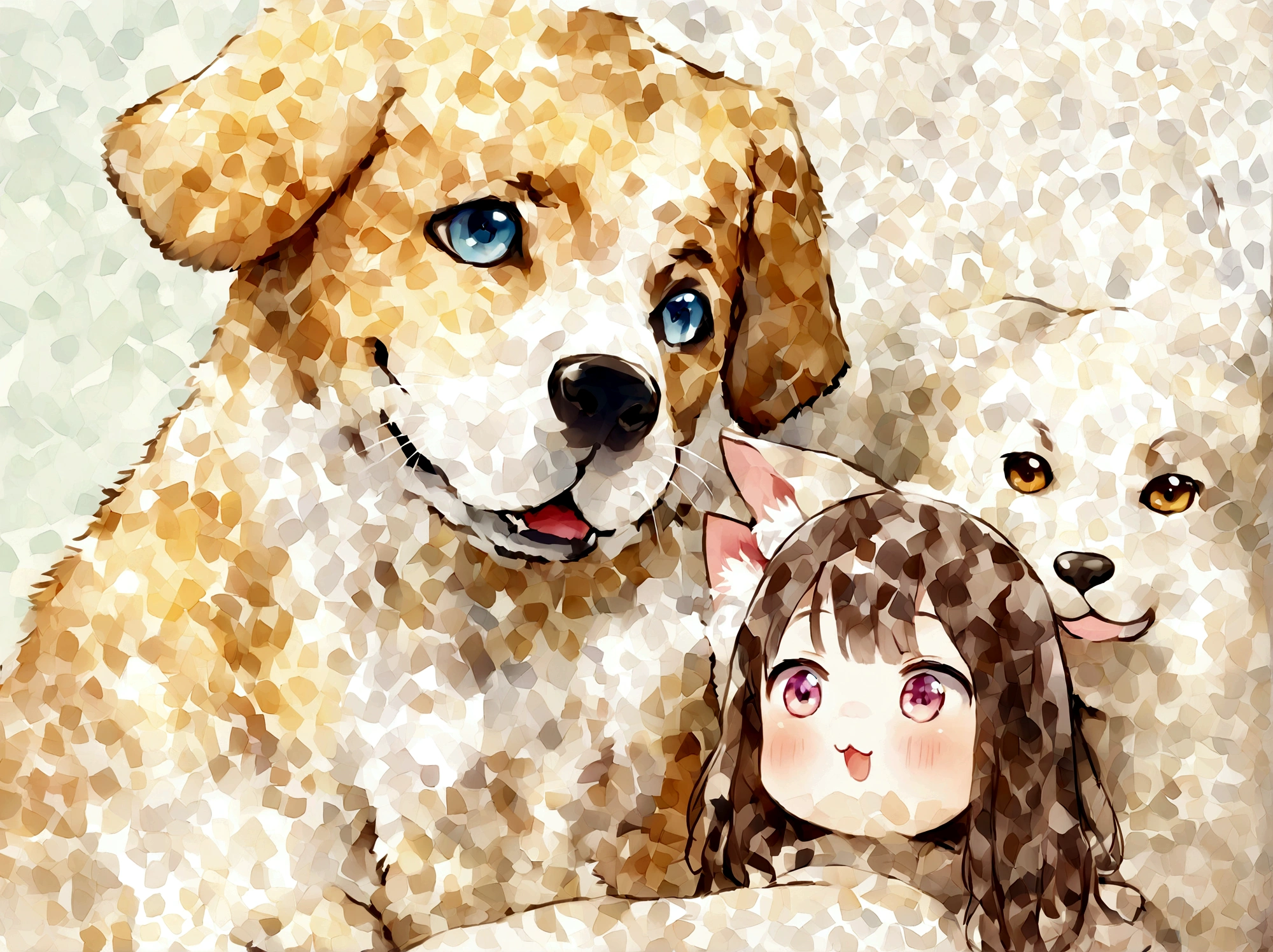 「Same composition as the photo provided、dogとCatのリアルな絵を描いてください。(dog:1.5)is on the left、Head tilted slightly facing forward。The hair color is light brown、The expression looks happy。(Cat:1.5)is lying on the right side、It has dark tabby fur and large eyes.、Also facing forward。The background should be a simple wall, just like the photo.。Please reproduce the overall composition and details as faithfully as possible to the photograph。」
