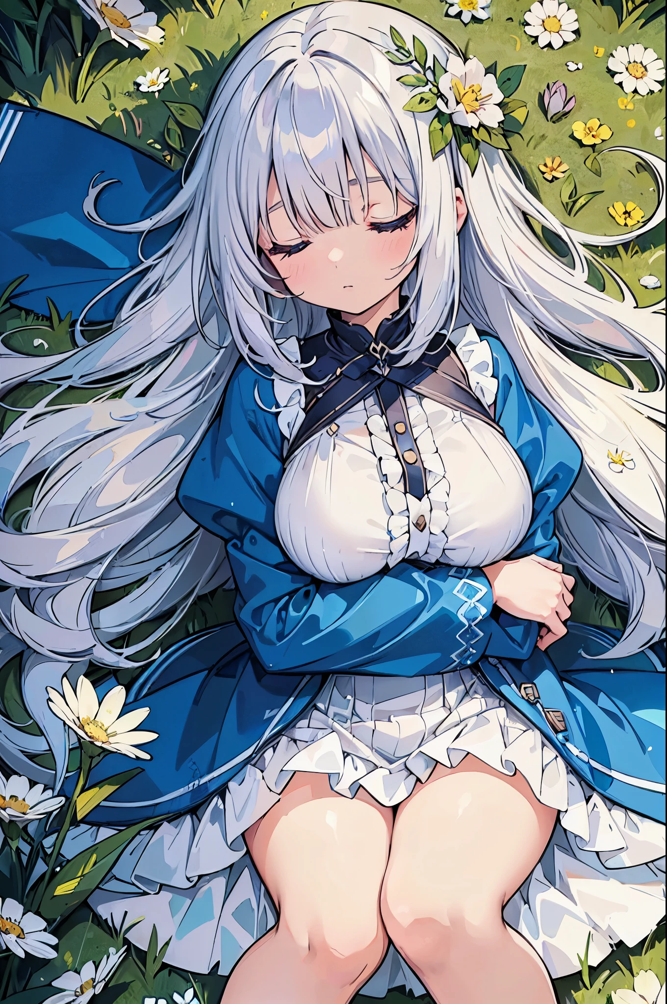 (highest quality)、((Super detailed))、(Ultra delicate)、Cute girl、Silver Hair、、Beautiful breasts、Beautiful thighs、one piece、Sleeping with my knees hugged in a flower field