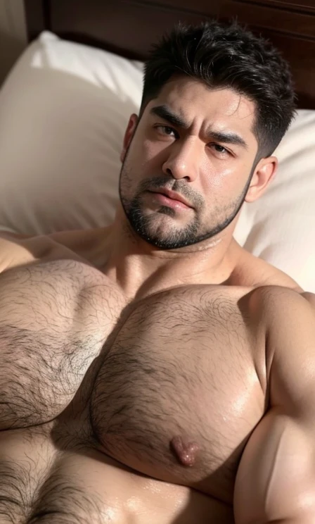 Hulk muscular uncle,nice,big breasts slightly fat,Short beard,Thick eyebrows,Brush Cut,Have chest muscles,,Showing off chest muscles,chest hair,Sweat all over the body,Very shy expression,Lying in bed,Lying on your back