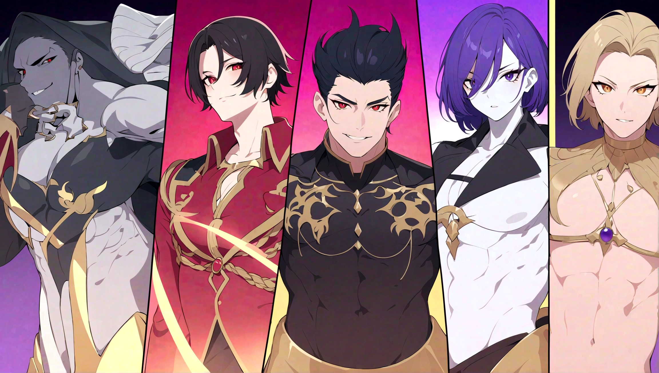 orelhas pontudas, Golden jewelry, adulto, cinto com joias de ouro, Brincos, anel vermelho no dedo, correntes douradas presas ao seu pulso, Cabo com Penas, Vampiro, capa vermelha, pale skin, olhos vermelhos, Villain, Man, macho, cabelo sobre um olho, cabelos pretos