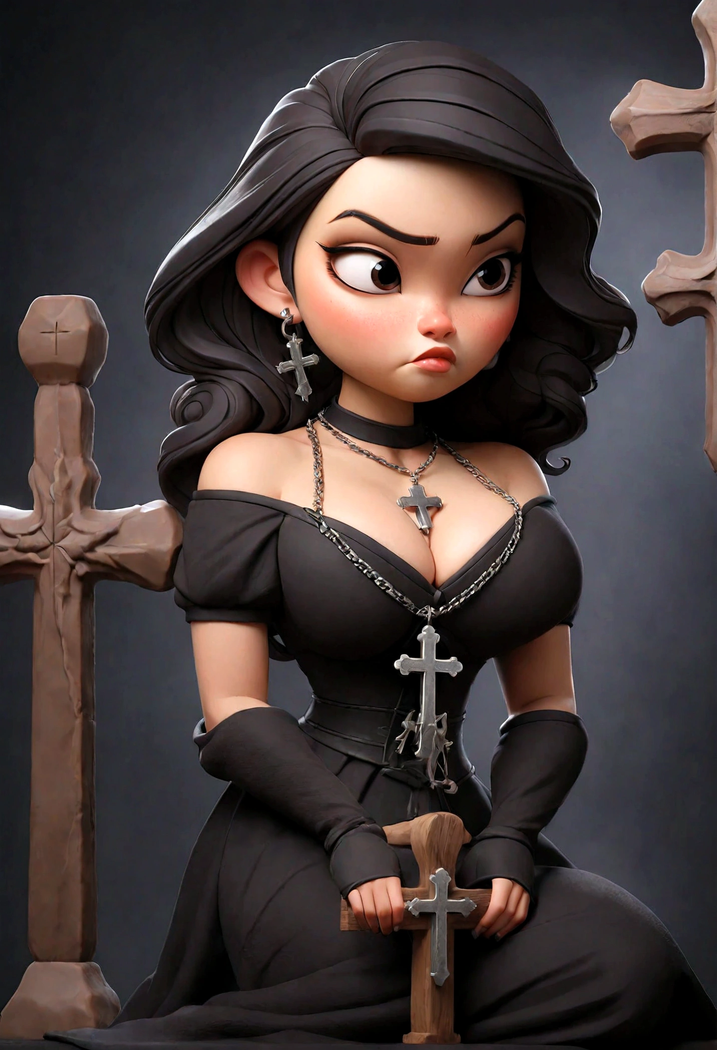 a sexy curvy asian woman, dark background, studio lighting, gothic dress, church, cleavage, chain accesories, sitting on a chair, black shoes, holding a steel cross