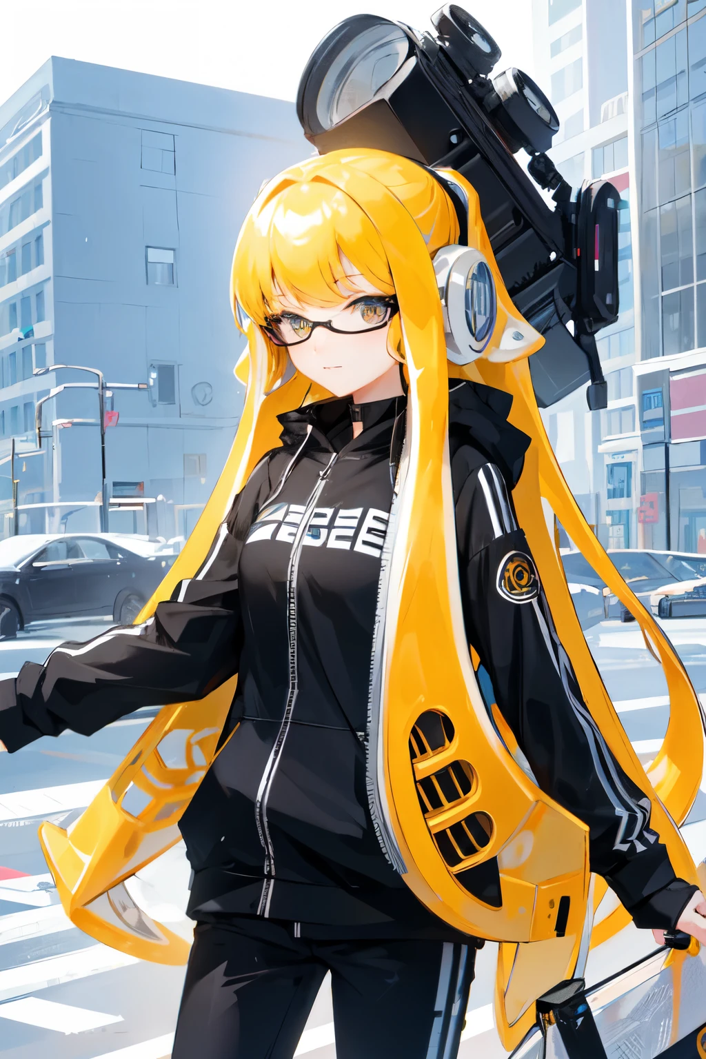 robot, masterpiece, highest quality, detailed, Splatoon Girl, Golden tentacle hair, The machine's round, glowing eyes、Red glowing eyes、There are only eyes on the face、giganticbreast、View Viewer, (superior:1.4), (mini skirt:1.3), city, people々, Put your arms behind your back, Clear sky, Home, street, Cafe