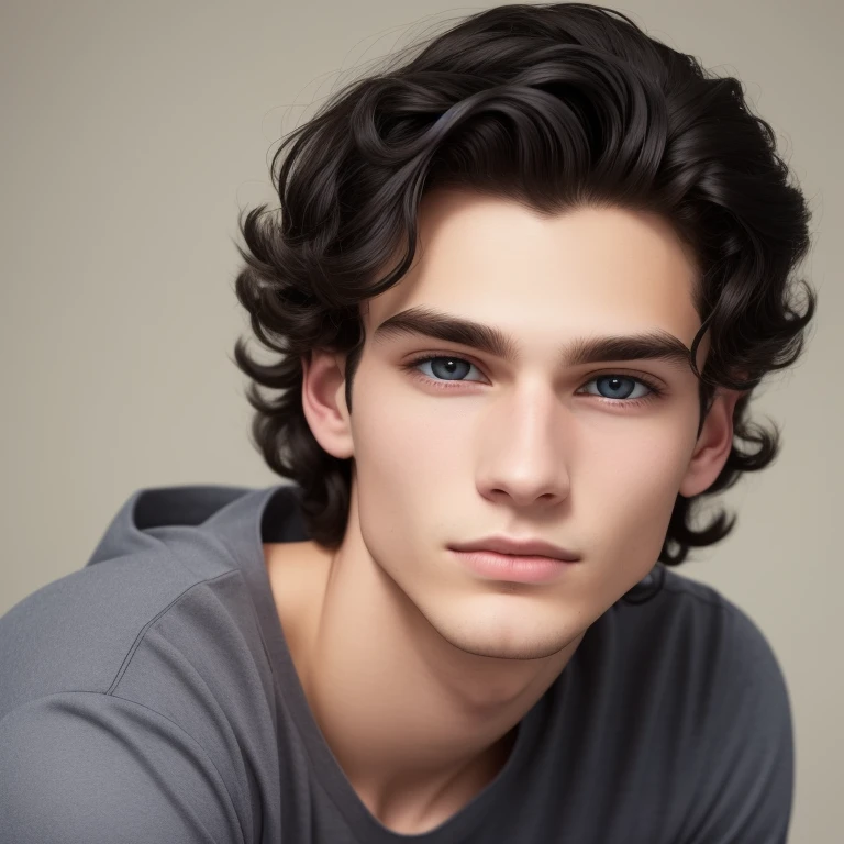 man around 19 years old, handsome, man with slightly pale skin, midnight iridescent curly hair and high cheekbones, oval-shaped face, no beard, no beard, black eyes