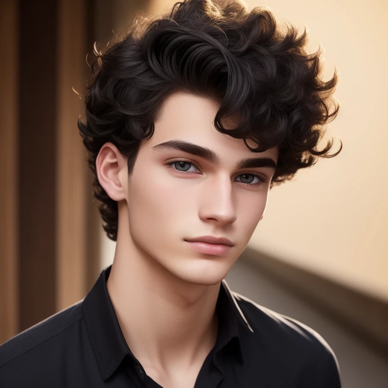 man around 19 years old, handsome, man with slightly pale skin, midnight iridescent curly hair and high cheekbones, oval-shaped face, no beard, no beard, black eyes