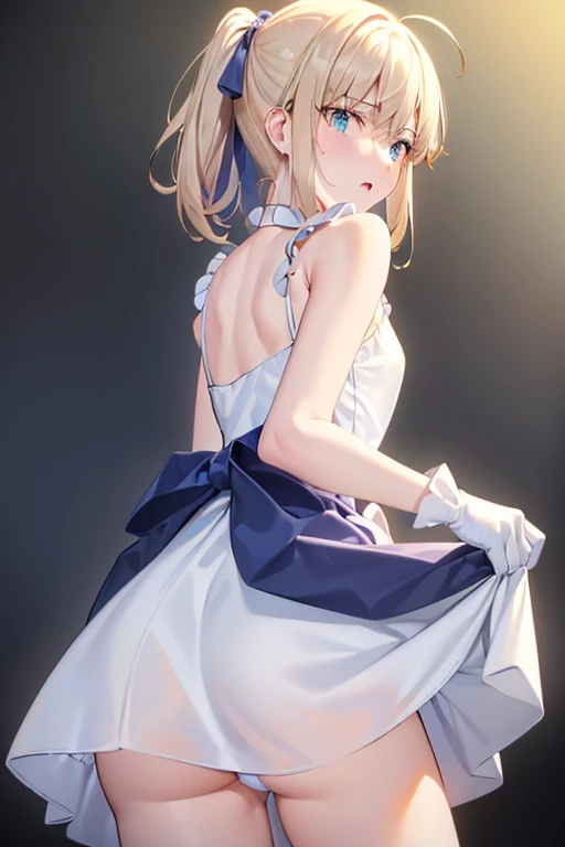 highest quality, Tabletop,Things to know, Not enough, One Girl, blush、Shame face、Glare、gloves, Elbow Groove, choker, (((White mini dress:1.3)))、Thighs, Official Alternative Costumes, chest, clavicle, ponytail, 白いgloves, chestの谷間, Exposing shoulders, short hair, Parody, 青いchoker, Hair 弓, Blue Ribbon,((( Skirt lifted、Cute Panties)))、Backwards、look back、Butt