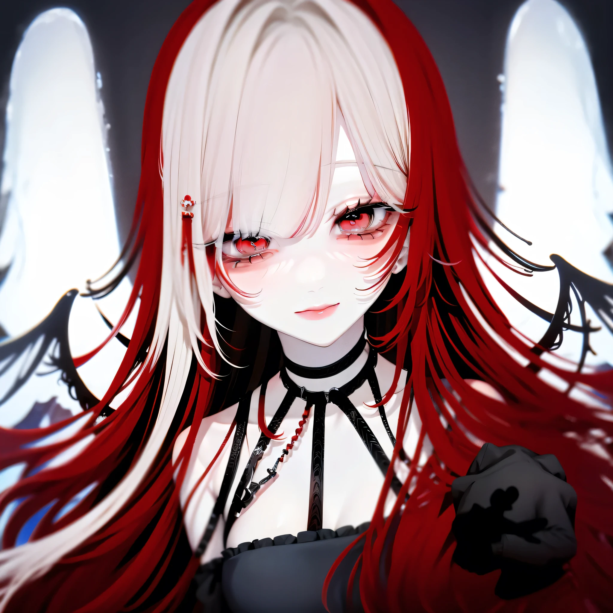 a girl with red tinted hair, half-length statue, 4k hd, face expressionless, anime style, sideface, white background, dark, eerie, smiling, dark angel, deceiving, smug look