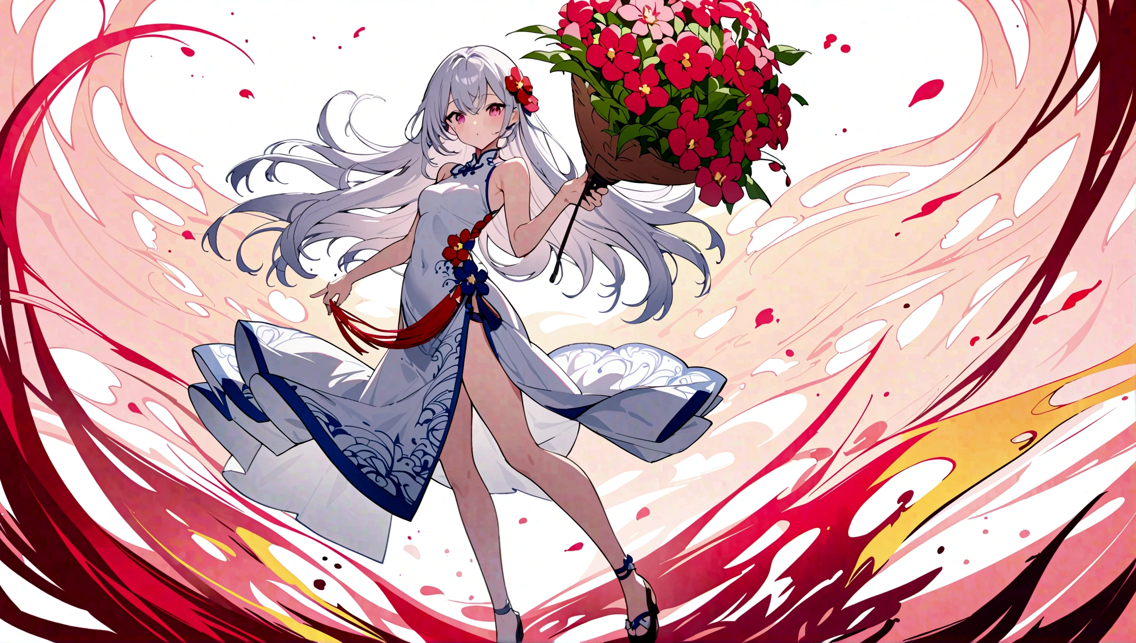 1 Chinese style girl,white color hair,blossoms,Lixian flower,in the style of light pink and light azure,Dreamy romantic composition,white colors,ethereal foliage,playful arrangements,fanciful,hight contrast,Ink strokes,blasts,over exposure,Impression of purple and red tones,abstracted,((Watercolor by John Berkey and Jeremy Man))Brush Strokes,negative space,on cheongsam