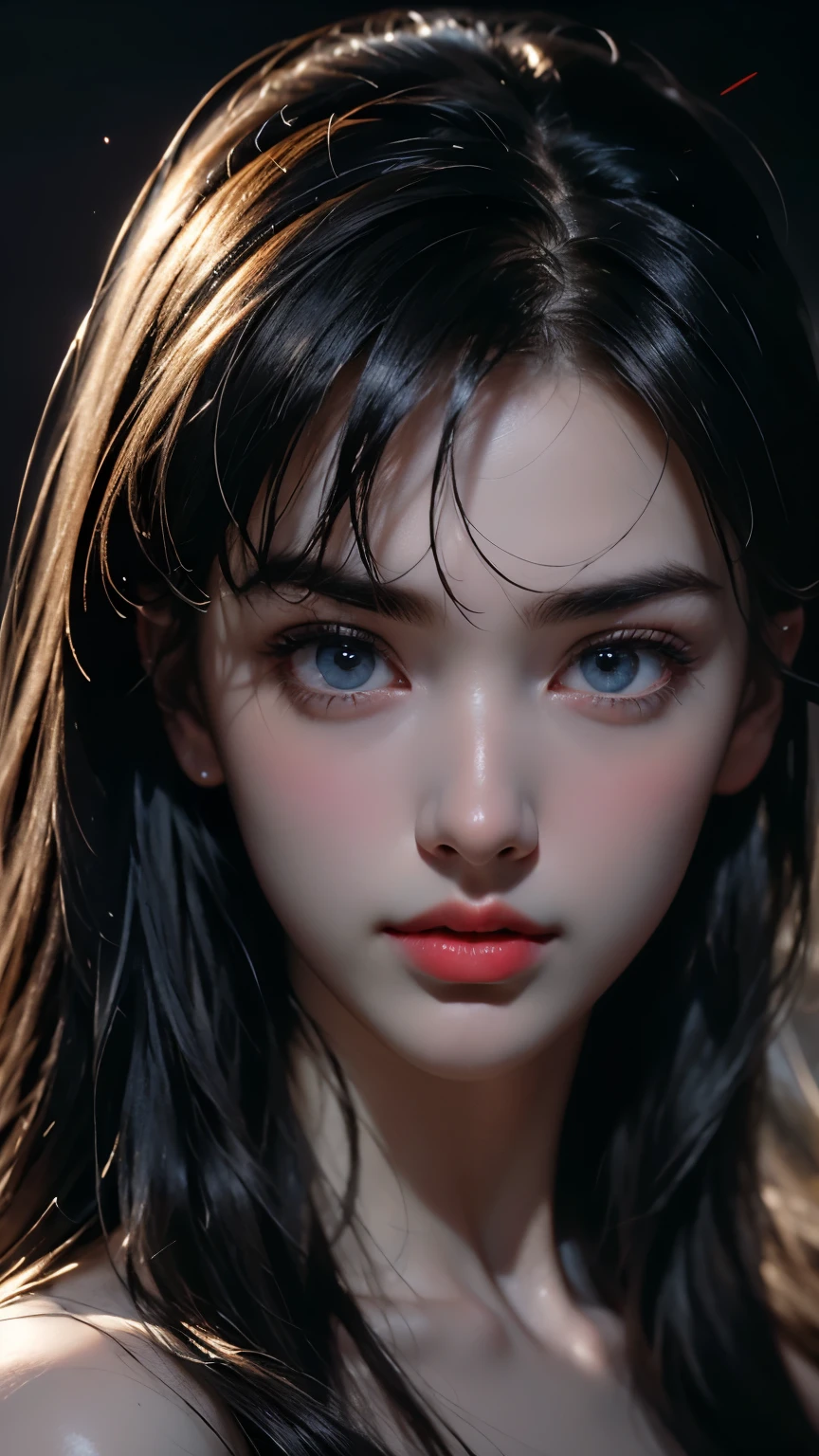 masterpiece, best qualitiy, RAW photos, realisticlying, A high resolution, hyper-detailing, Focus on the face, Detailed eyebrows, realistic beautiful eyes, realistic glossy skin, straight Bangs, realistic movie lighting, detail shaded, high contrast, Slender, Sexy face, Facial expressions when receiving pleasure, ((Dark background)),
