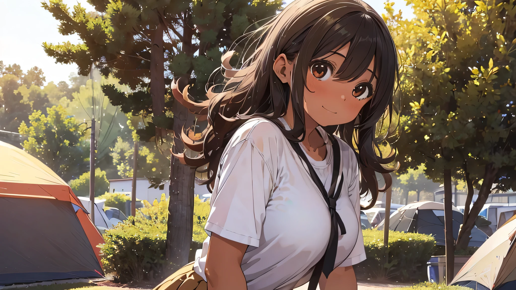 best god quality, Ultra-detailed, perfect Anatomy, (Draw a sweet tanned skinned girl), 1girl, is a excited beautiful tan girl, in casual skirt and shirt, dark skin girl, tanline skin, (dark skin*2), (brown hair + wavy hair*1.2), Full limbs, complete fingers, groin, Beautiful gold eyes, well-proportioned tan girl, tender eyes, casual clothing, in a camp ground, High resolution, Best lighting by professional AI, camp grounds, forest, looking at viewer, (((One girl in middle))), (((SOLO))), (camp ground in background)