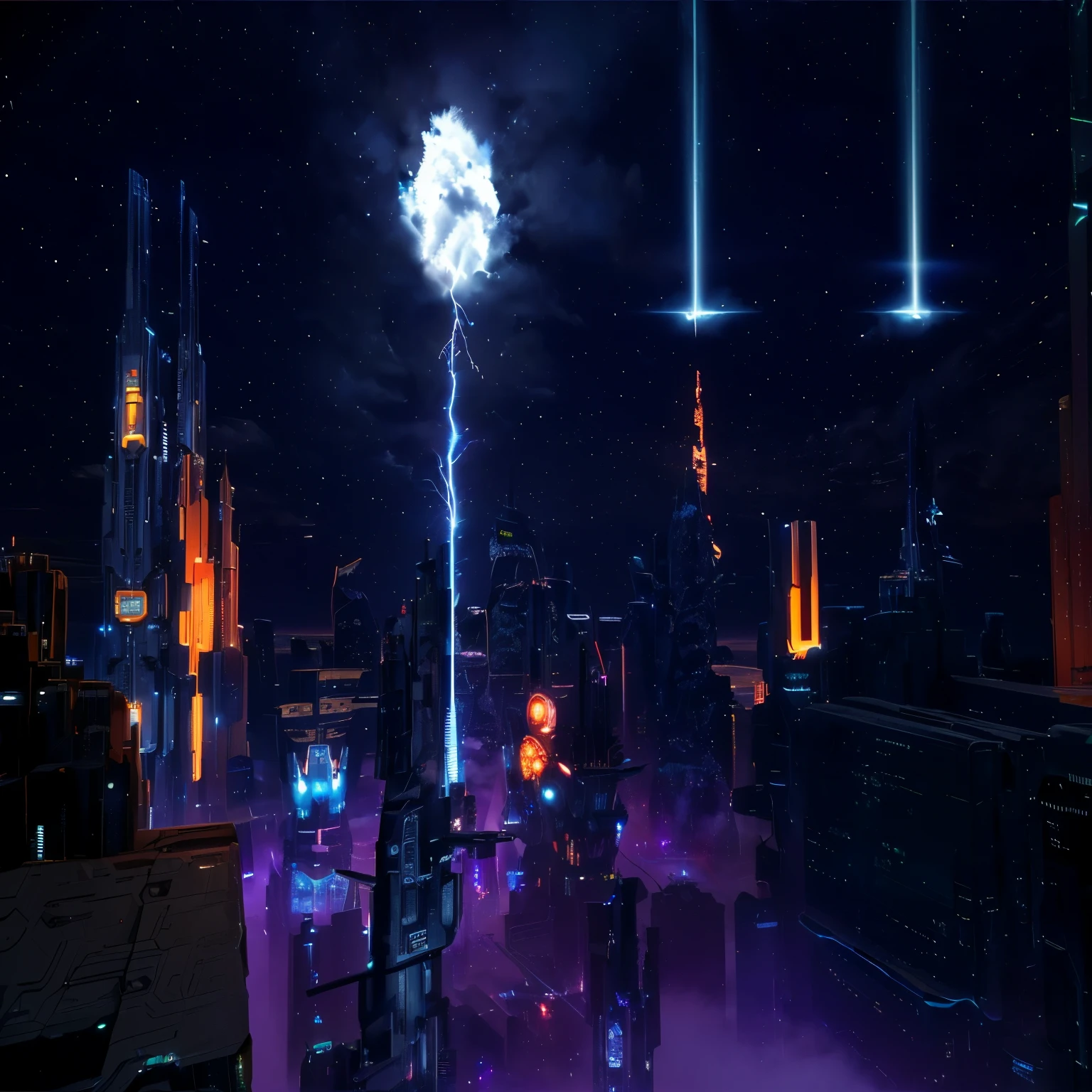 futuristic city with a lightning bolt in the middle of the night, scifi nightscape, futuristic cybertron scenario, aerial view of a cybetron city, depicted as a scifi scene, scifi scene, future science fiction. game cg, dystopian scifi apocalypse, in fantasy sci - fi city, vfx powers at night in the city, Transformers city at night, cybertron city backdrop