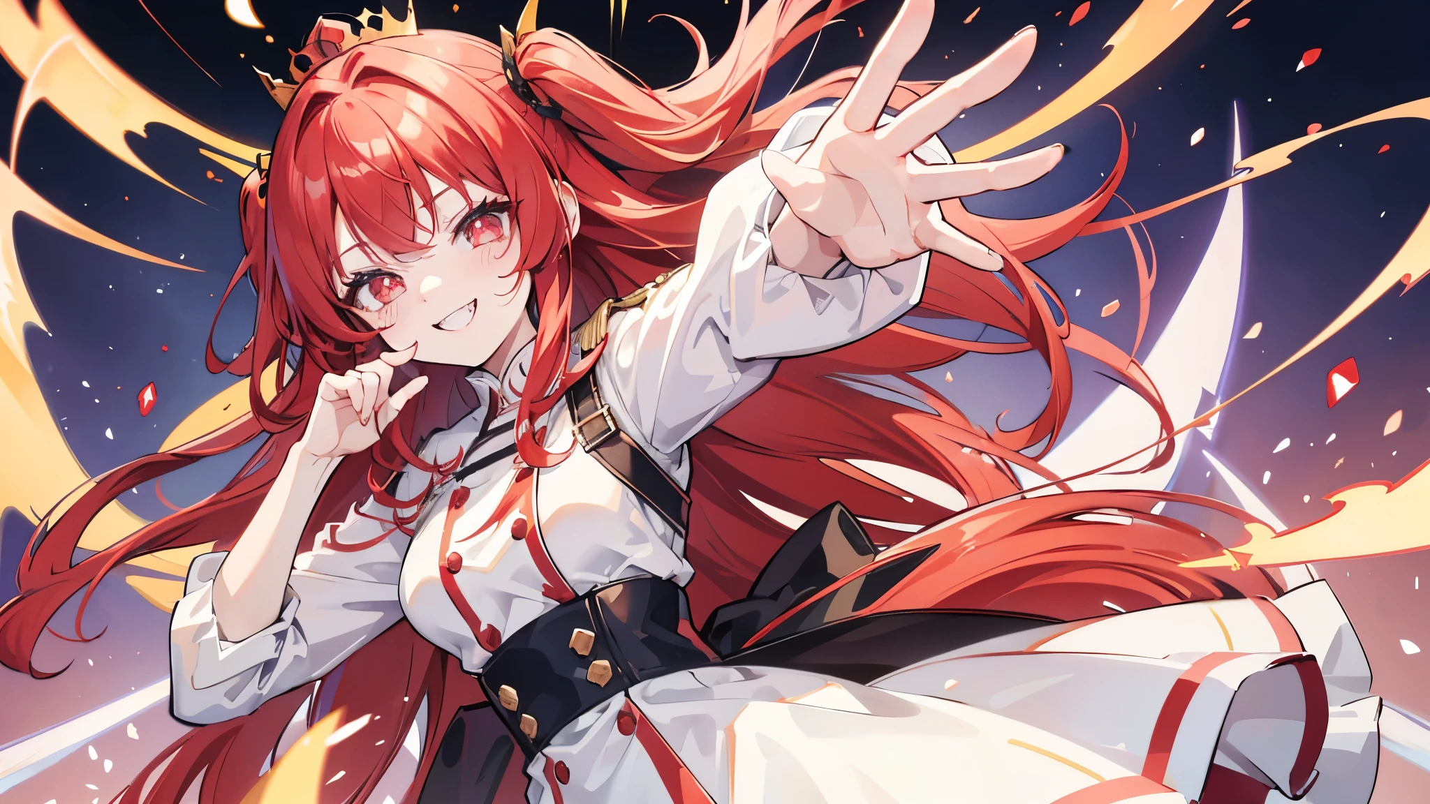 red hair, gradient hair, hime cut, crown, wide-eyed, dilated pupils, grin, crazy, skin fang, naughty face, crazy smile, anime, masterpiece, best quality,uniform,inflammation,whole body,front,Put your left hand forward