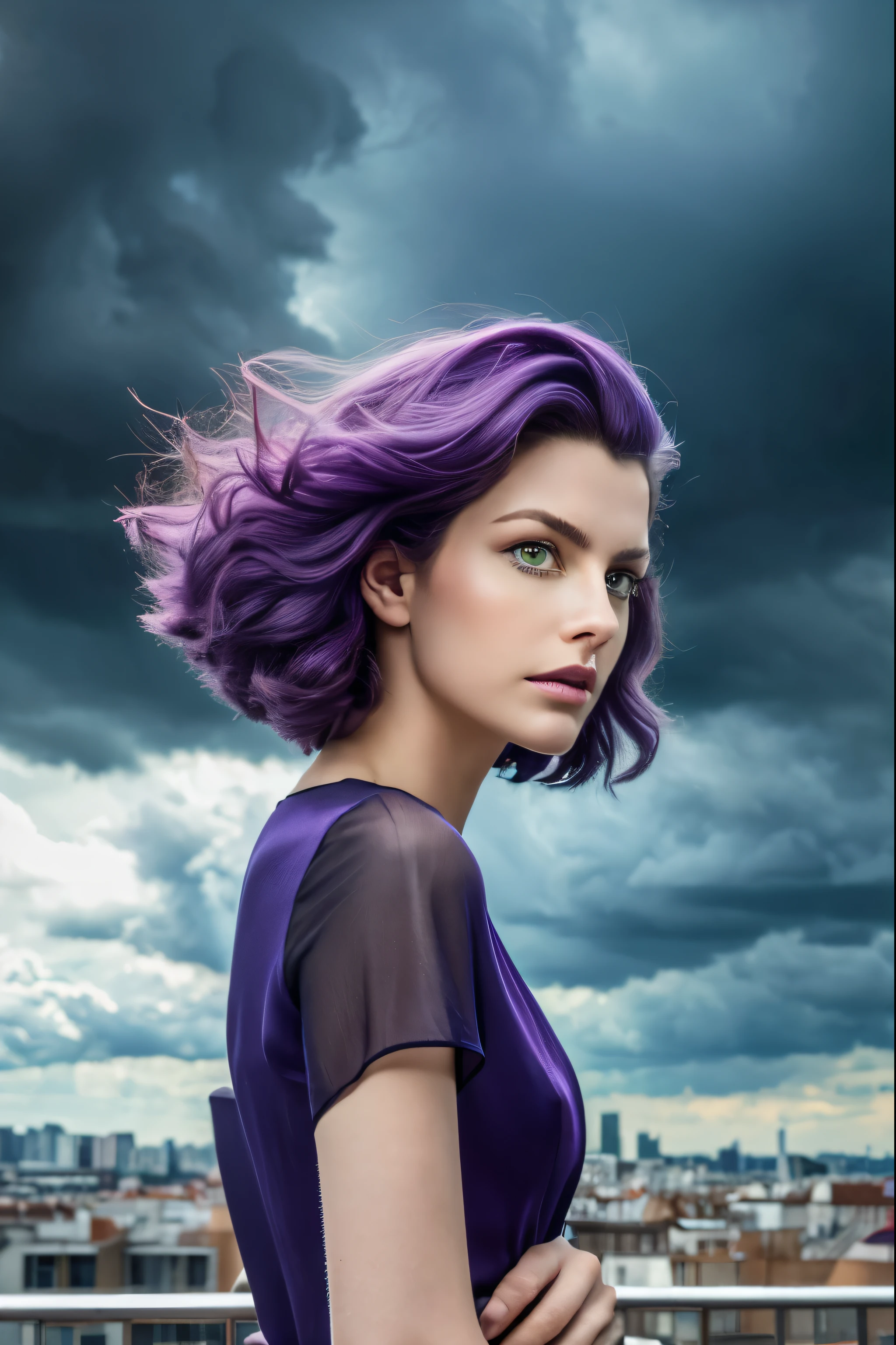 ((masterpiece, In 8K, High resolution,Surreal)),Skinny French beauty、Purple Hair、Green Eyes、Stormy skies、Silhouette of a monster in the distance、View from the rooftop of a building、Clerk's uniform、weather forecast、Silhouette of a monster in the distance、The most beautiful back