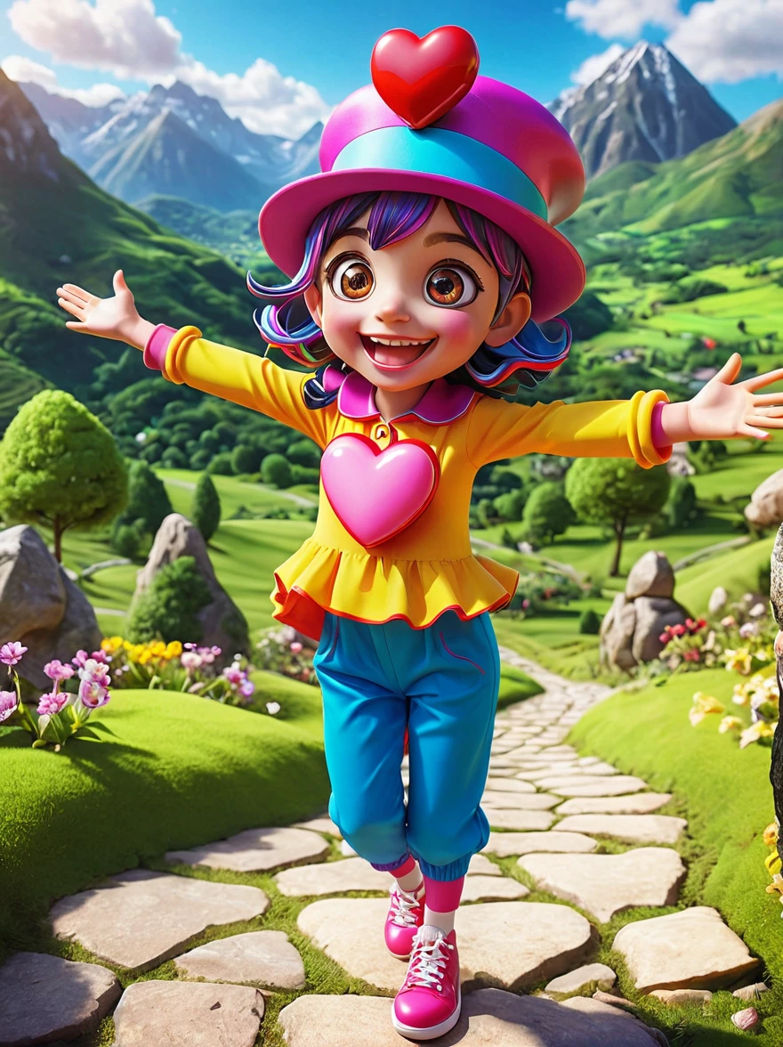 1girl,solo,Grinning,big eyes,sparkling,fit,Wearing chaotic and brightly colored clothing,Wearing a fancy hat with a heart symbol,Baggy pants,Vivid expression of excitement,Open your arms,(The background is a hovering otherworldly landscape),full-body shot,Cartoon Style,Created with C4D and Blender,precise,Blind box toy style,Super Detail,Anatomically correct,masterpiece
