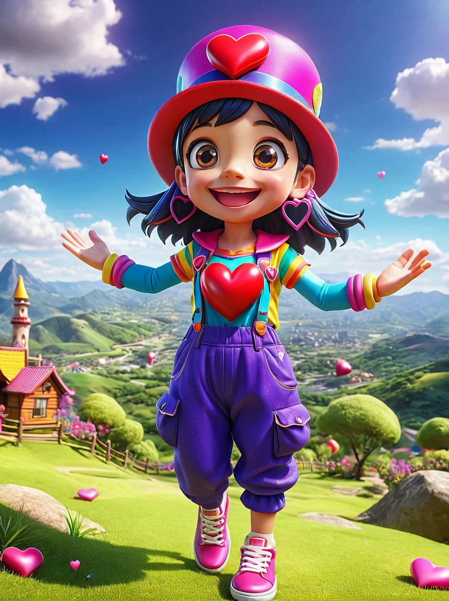 1girl，solo，Grinning，big eyes，sparkling，fit，Wearing chaotic and brightly colored clothing，Wearing a fancy hat with a heart symbol，Baggy pants，Vivid expression of excitement，Open your arms，(The background is a hovering otherworldly landscape)，full-body shot，Cartoon Style，Created with C4D and Blender，precise，Blind box toy style，Super Detail，Anatomically correct，masterpiece