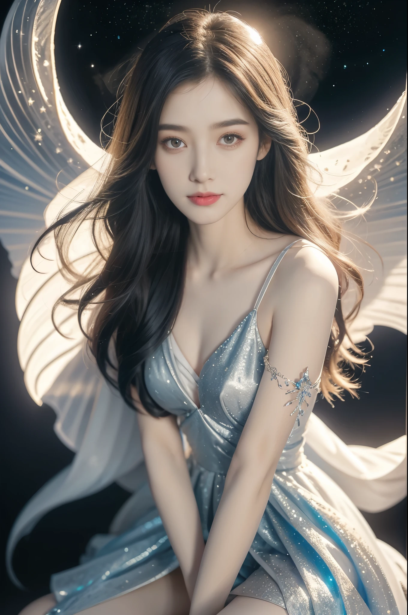 Close-up of a girl in a dress sitting on the moon,Moon Goddess,Beautiful Celestial Mage,Goodness of Heaven, Celestial Fairy,very Beautiful fantasy art,8k high quality detailed art,shoulder length straight bob hair,slim,thin,flat chest,small breasts,best quality,masterpiece