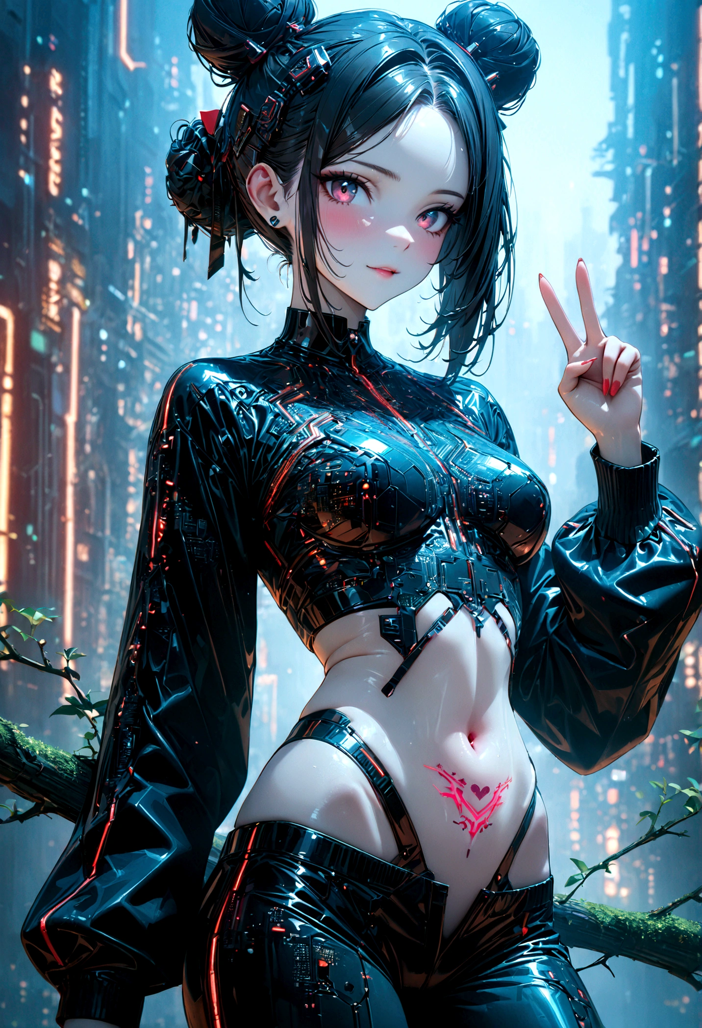 beautiful Cybernetics girl, heart hair bun, Hair accessories, (Delicate skin), Pale skin, black crop top made of circuit boards, Navel tattoo, sexy Futuristic pants, on branch, v, Japanese words with glitter effect, cyberpunk background,Sensual, is attractive, (masterpiece:1.3), (best quality:1.3), (ultra detailed:1.3), 8k, extremely clear