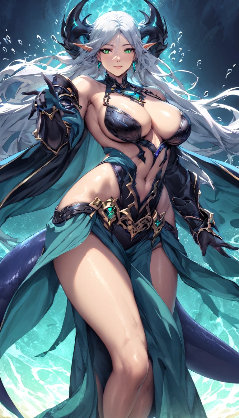 best quality,4k,8k, highres, masterpiece:1.2), ultra-detailed, extremely detailed eyes, extremely detailed body, the average Levianthar woman is a striking and formidable figure, standing tall at around 6 to 7 feet with a lean, muscular build that showcases her strength and agility. Her skin is smooth and slightly iridescent, with a bluish or grayish tint that shimmers under light, reflecting her aquatic heritage. She possesses long, flowing hair that ranges in color from deep seaweed green to midnight blue, often adorned with small, bioluminescent beads or shells. Her large, expressive eyes are adapted for both underwater and terrestrial vision, featuring hues of deep blue or emerald, green, and often possessing a subtle, ethereal glow. High cheekbones and slightly elongated ears add to her otherworldly beauty, while gill-like structures along her neck hint at her ability to thrive in the ocean depths. Her fingers and toes are slightly webbed, enhancing her swimming abilities, and a thick, powerful tail reminiscent of a shark's extends from her lower back, aiding in swift underwater movement. Her overall appearance exudes an aura of strength, grace, and mystery, embodying the unique blend of aquatic and humanoid features that define the Levianthar race, dynamic lighting, cinematic lighting, dramatic atmosphere,