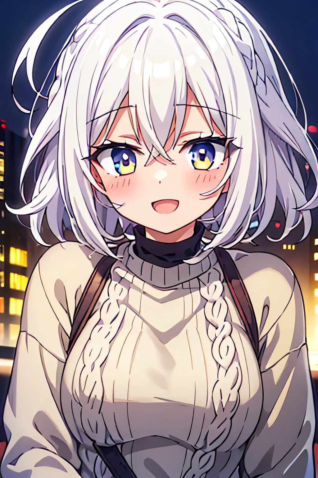 white hair, golden eyes, short hair, braided hair on the right side, messy hair, blushing, smile, open mouth, only wearing black sweater, wink eyes, moe anime style
